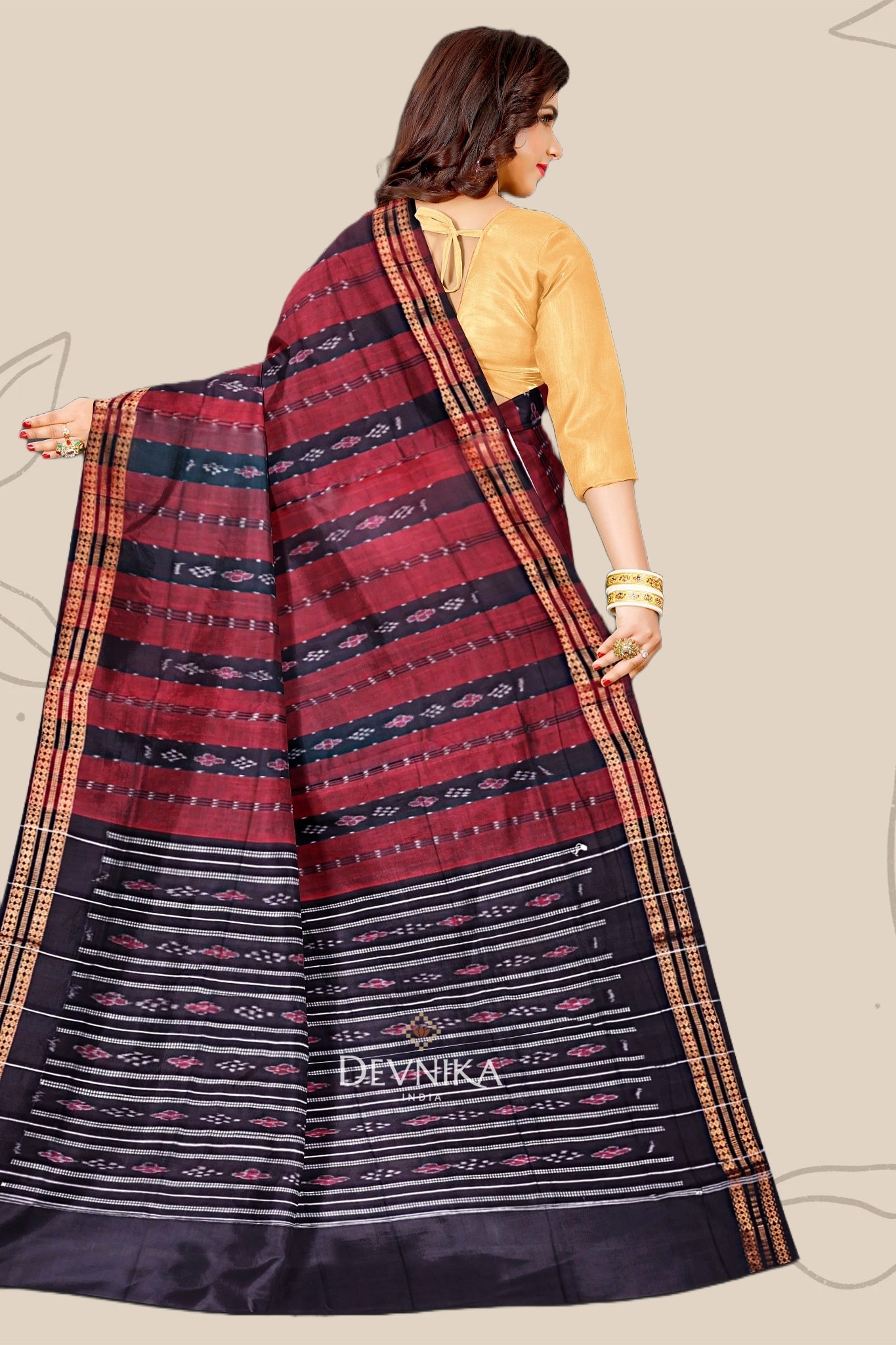 Maroon And Black Line Bandha Saree