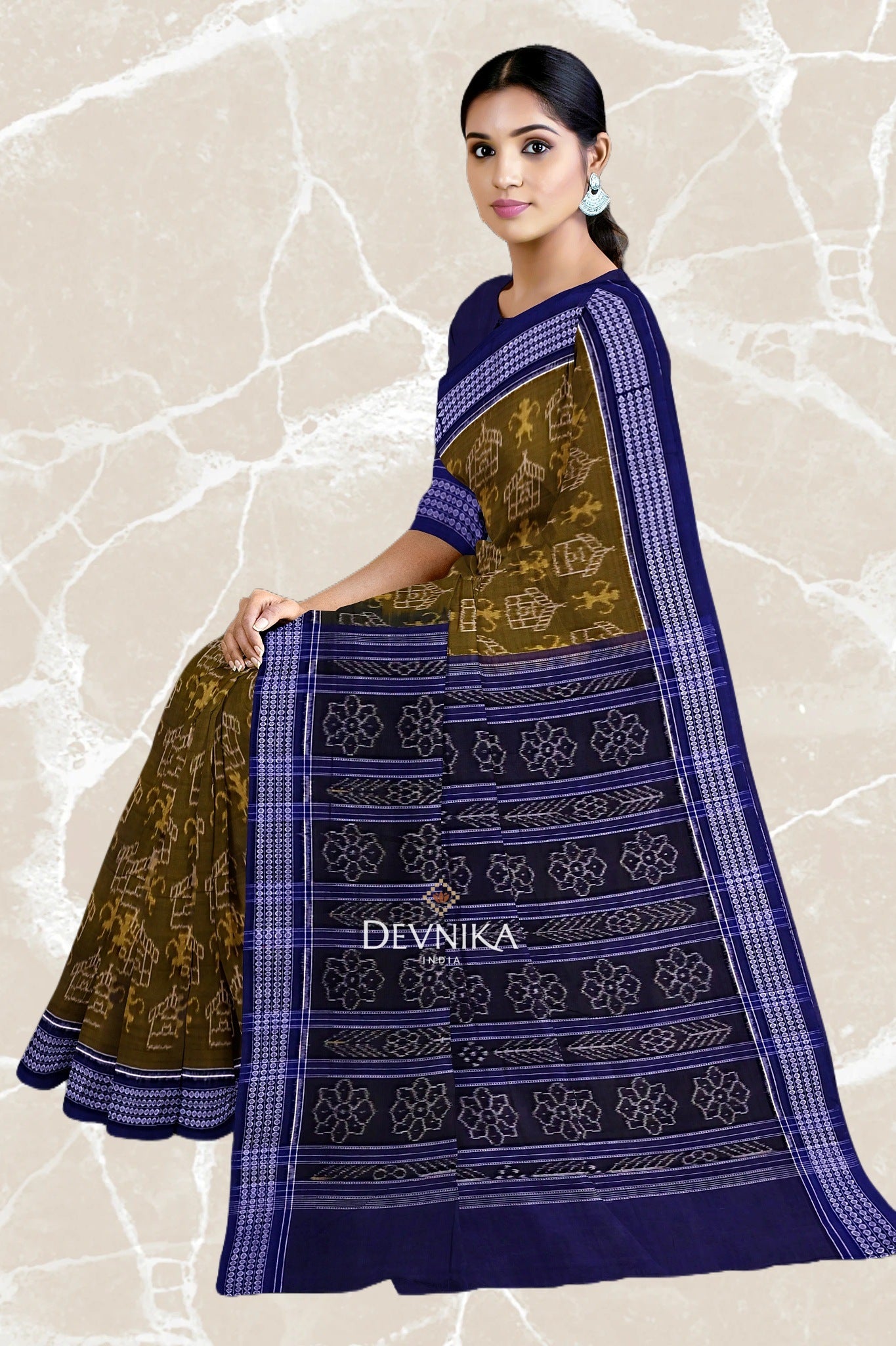 Olive Teracota Bandha Handloom Cotton Saree | Odisha Handloom | Devnika