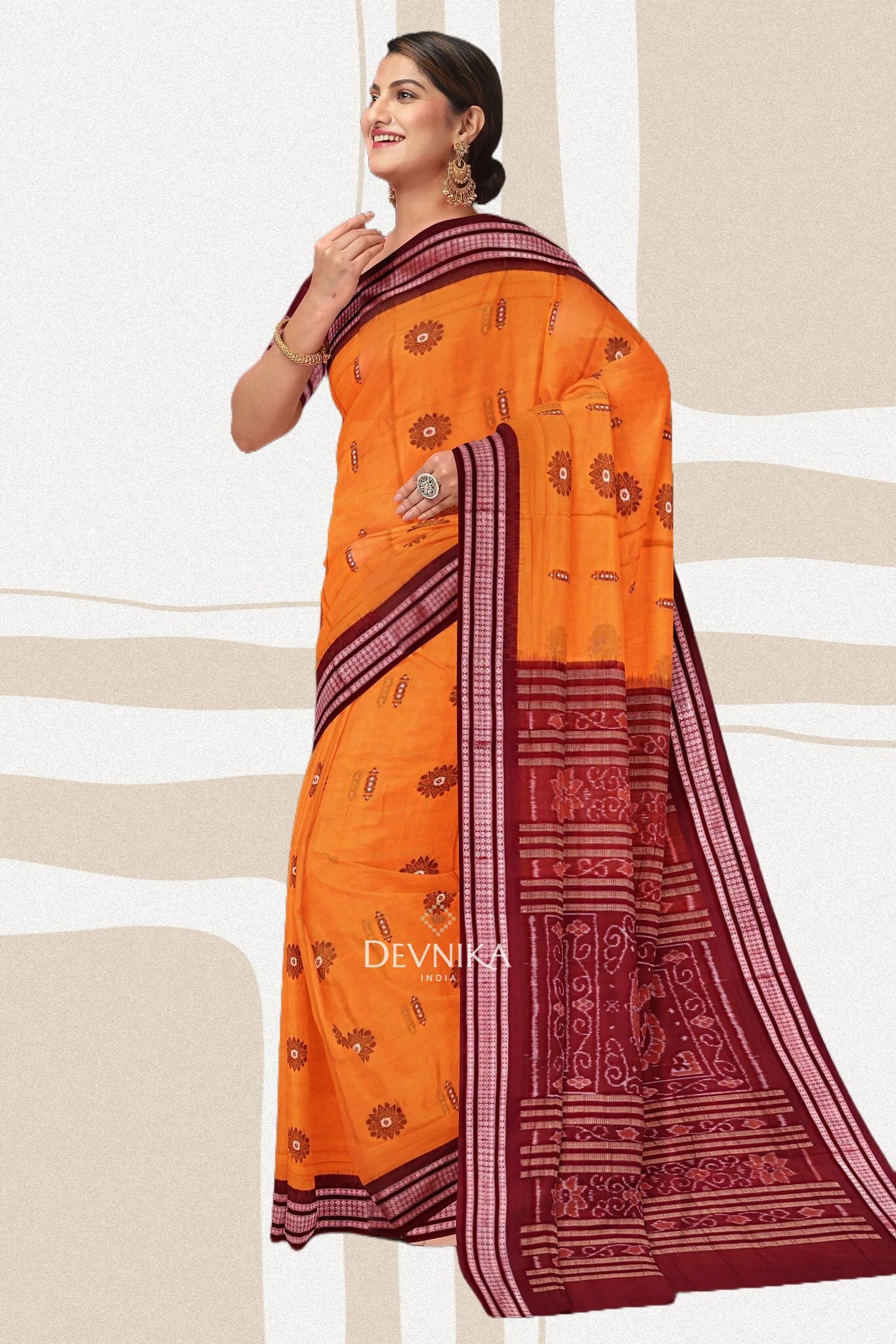 Golden Yellow Bomkai Handloom Cotton Saree | Odisha Handloom | Devnika
