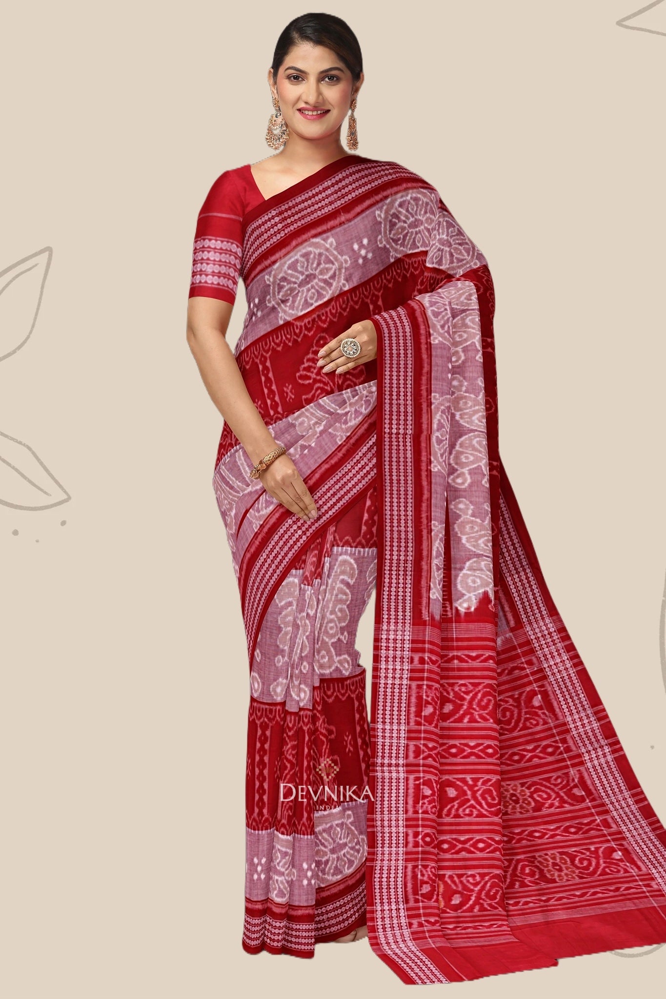 Red And Yellow Body Bandha Handloom Cotton Saree | Odisha Handloom | Devnika