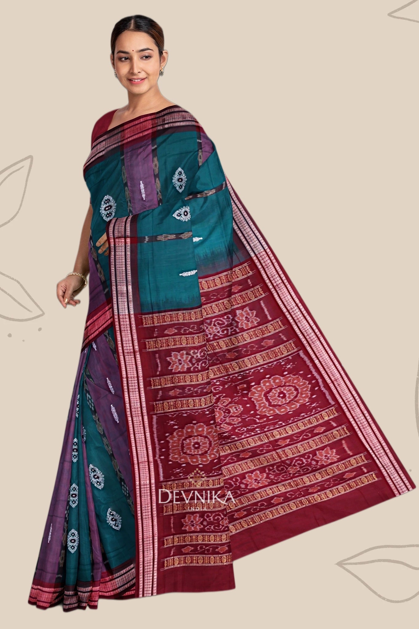 Green Maroon Bomkai Handloom Cotton Saree | Odisha Handloom | Devnika