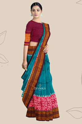 Teal Green Big Border Bandha Saree | Odisha Handloom GI Tagged | Devnika