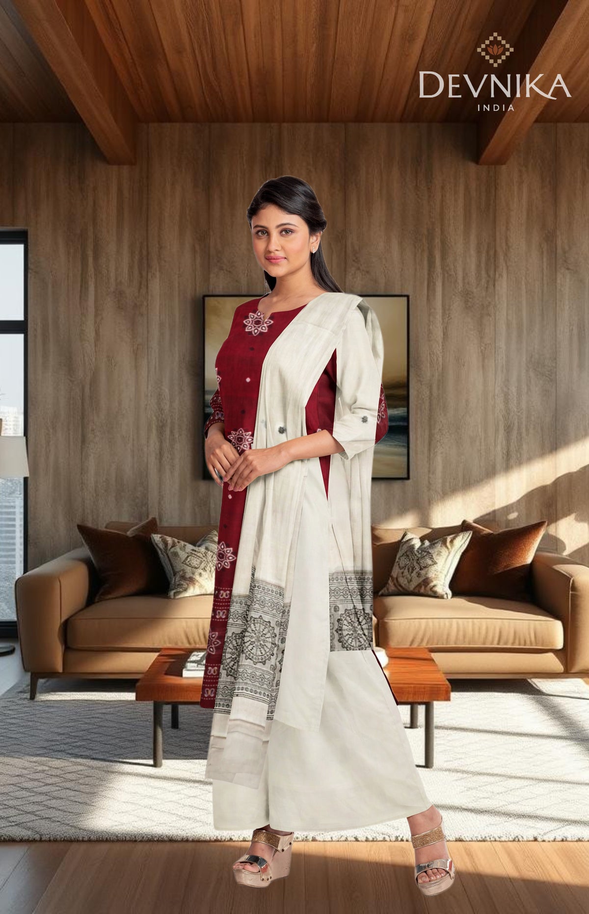 Deep Maroon With White Pant & Chunri Bomkai Dress Set