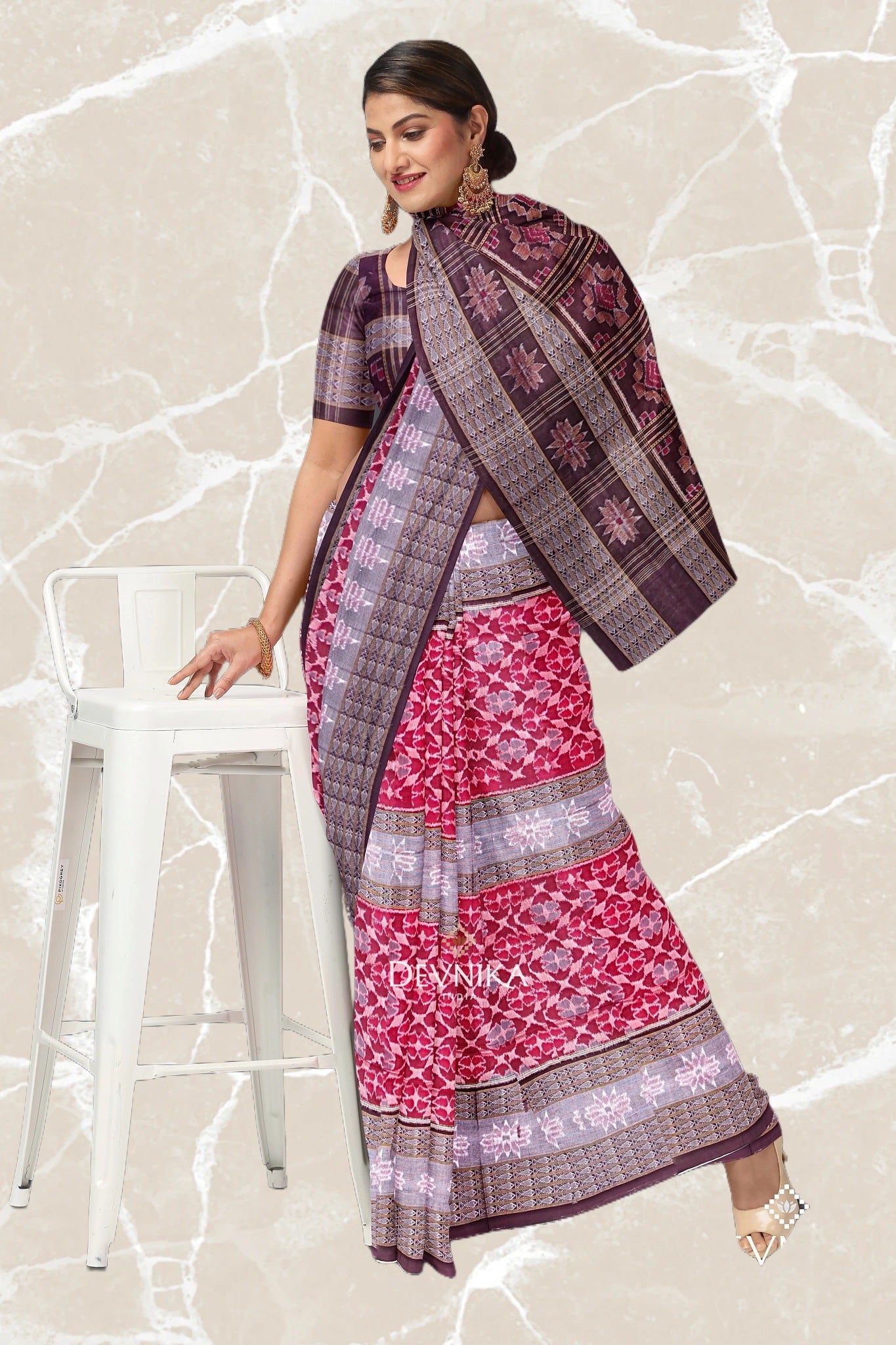 Red And Maroon Fish Bandha Handloom Cotton Saree | Odisha Handloom | Devnika