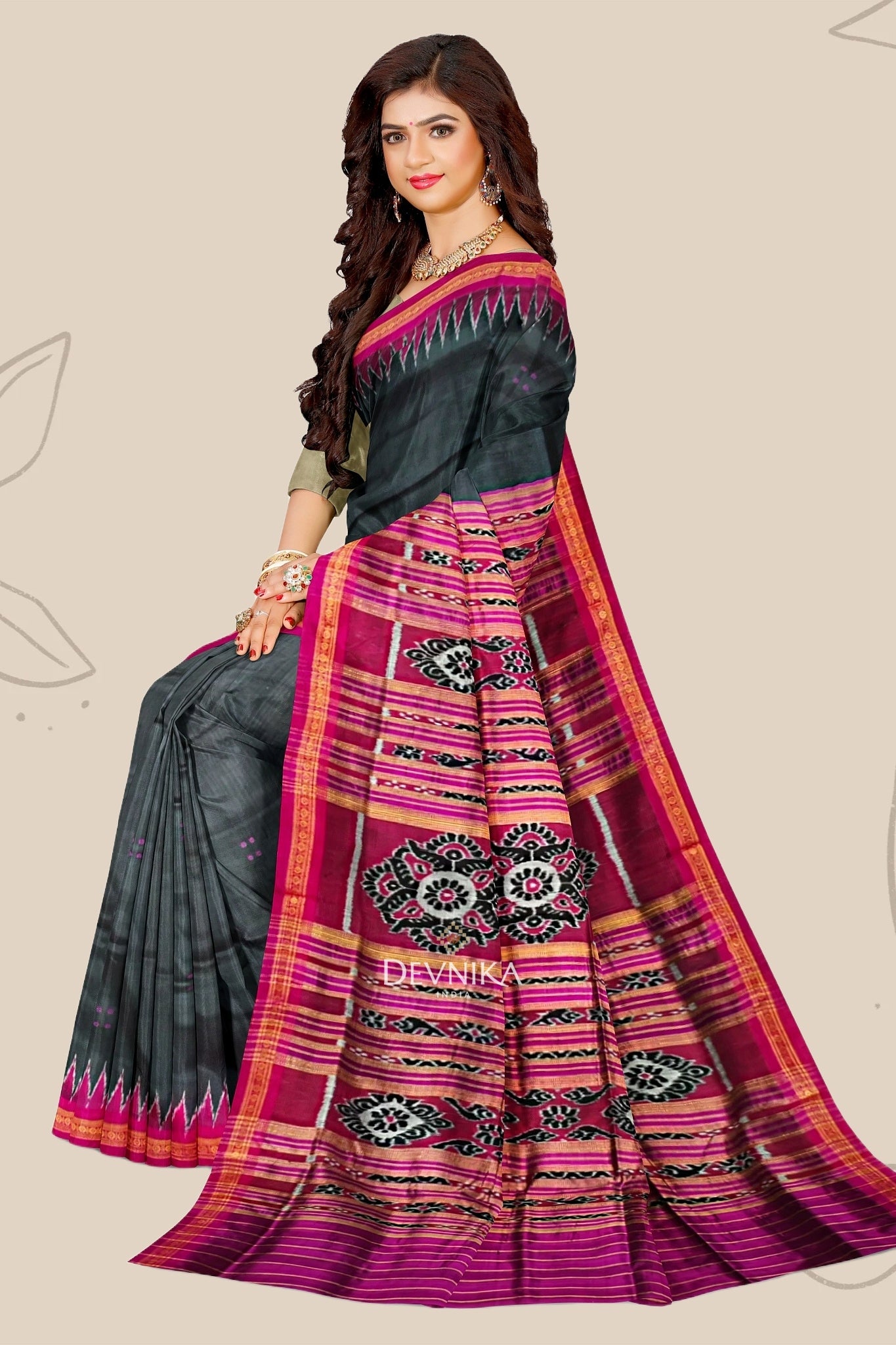 Black Single Temple Border Khandua Pata Saree
