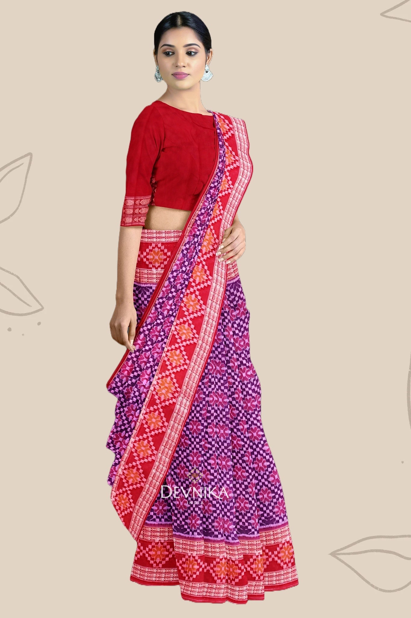 Purple Big Border Bandha Handloom Cotton Saree | Odisha Handloom | Devnika