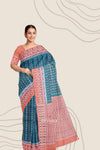Teal Green Khajuri Pati Bandha Handloom Cotton Saree | Odisha Handloom | Devnika