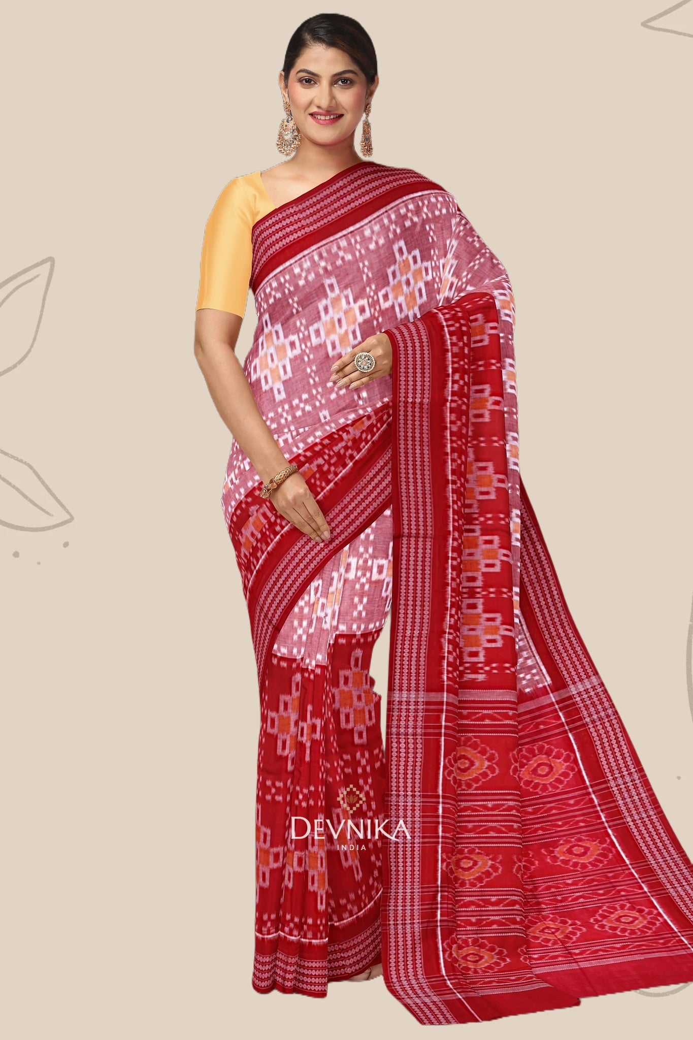 Red And Yellow Paper Bandha Handloom Cotton Saree | Odisha Handloom | Devnika