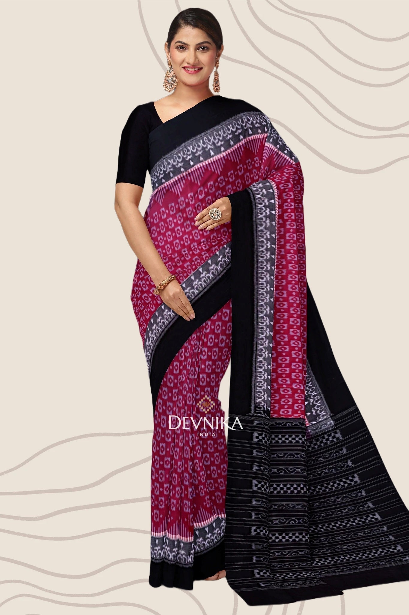White And Burgundy Double Border Bandha Handloom Cotton Saree | Odisha Handloom | Devnika