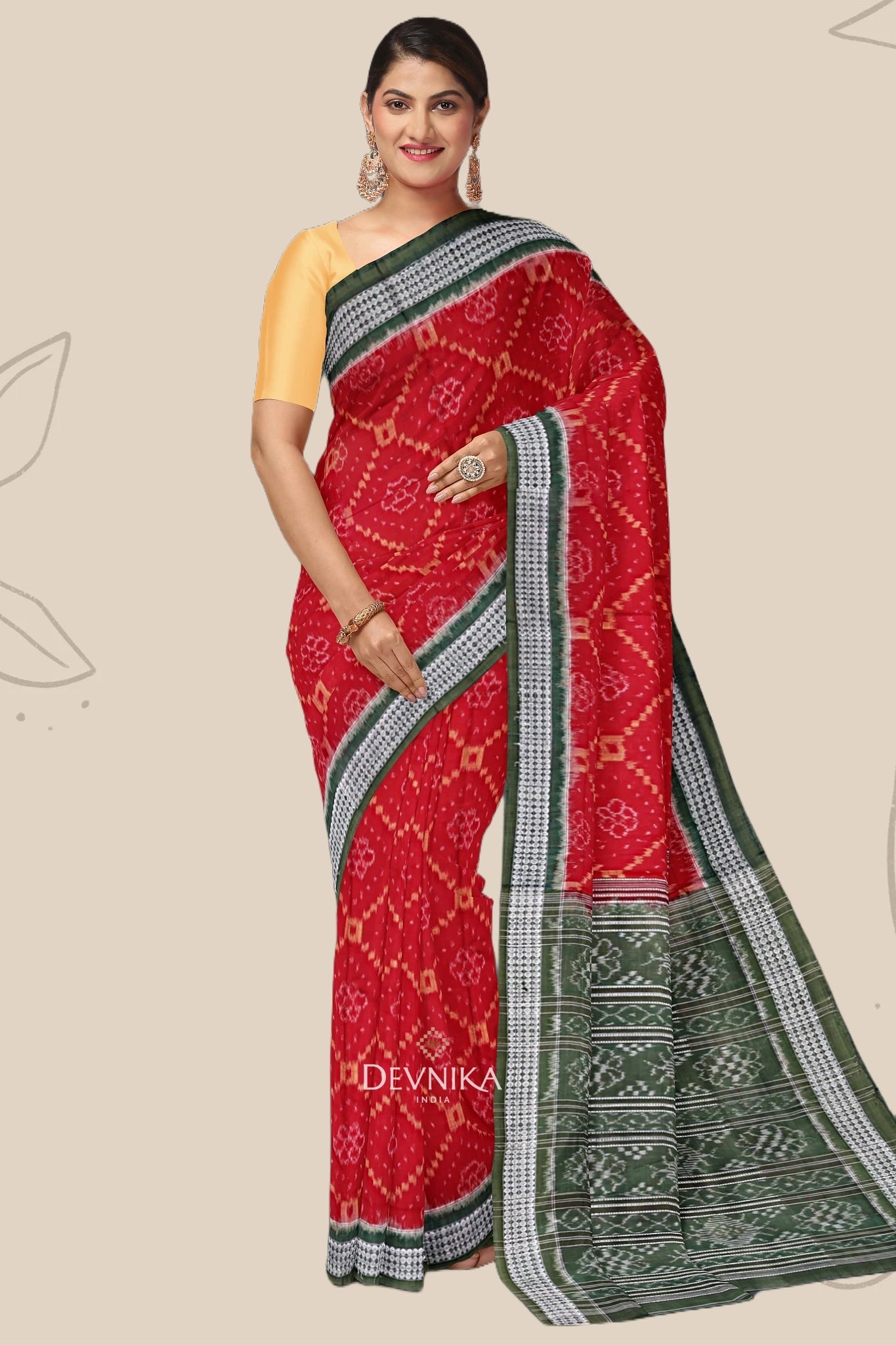 Deep Red Body Bandha Handloom Cotton Saree | Odisha Handloom | Devnika