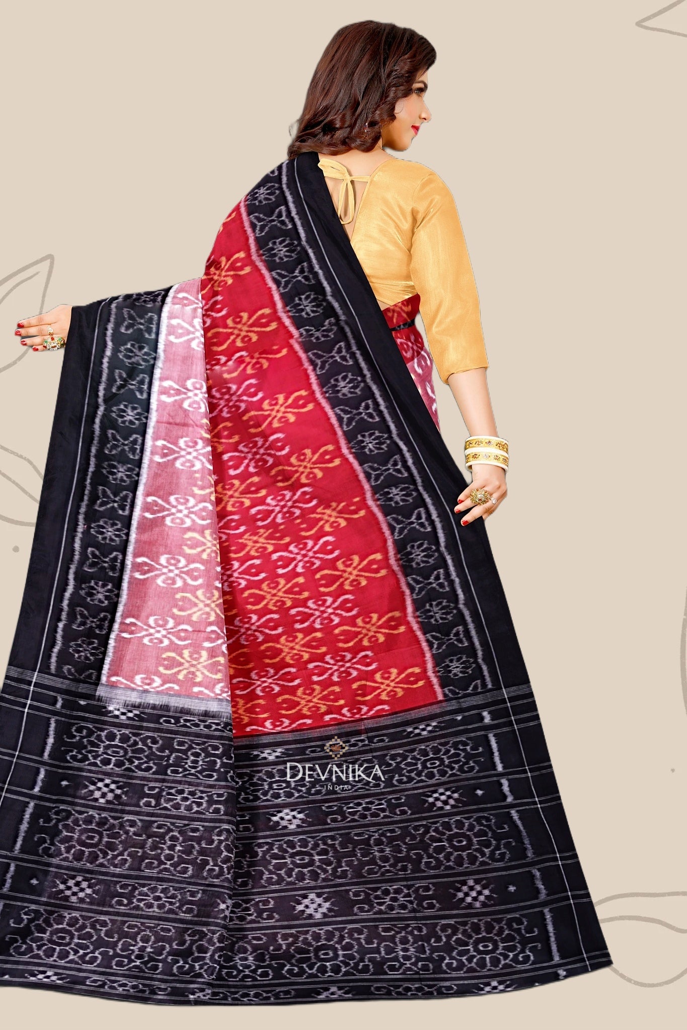 Red color Black Body Bandha Handloom Cotton Saree | Odisha Handloom | Devnika