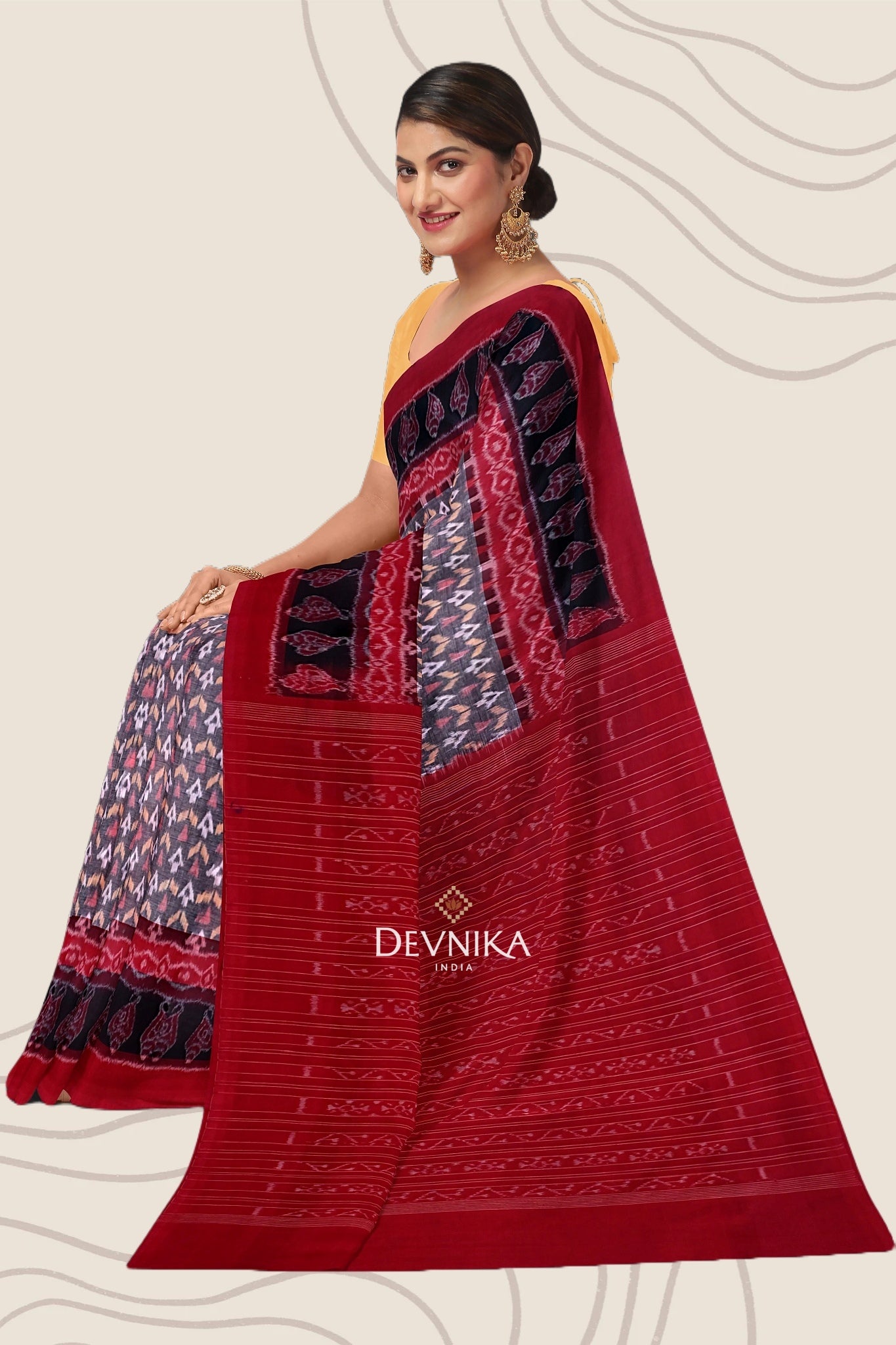 White, Bronze Double Border Bandha Handloom Cotton Saree | Odisha Handloom | Devnika