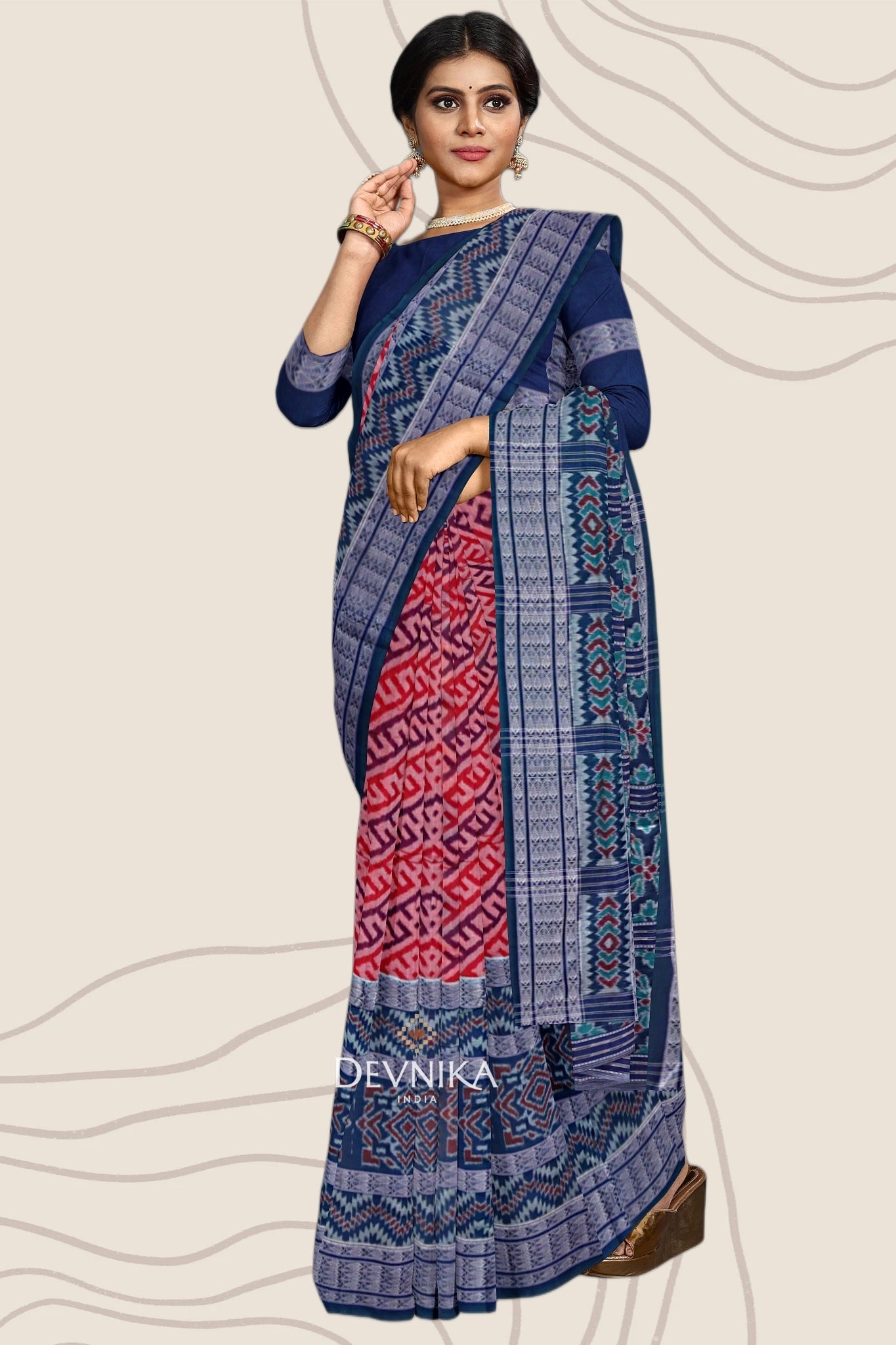 White Blue Fish Bandha Handloom Cotton Saree | Odisha Handloom | Devnika