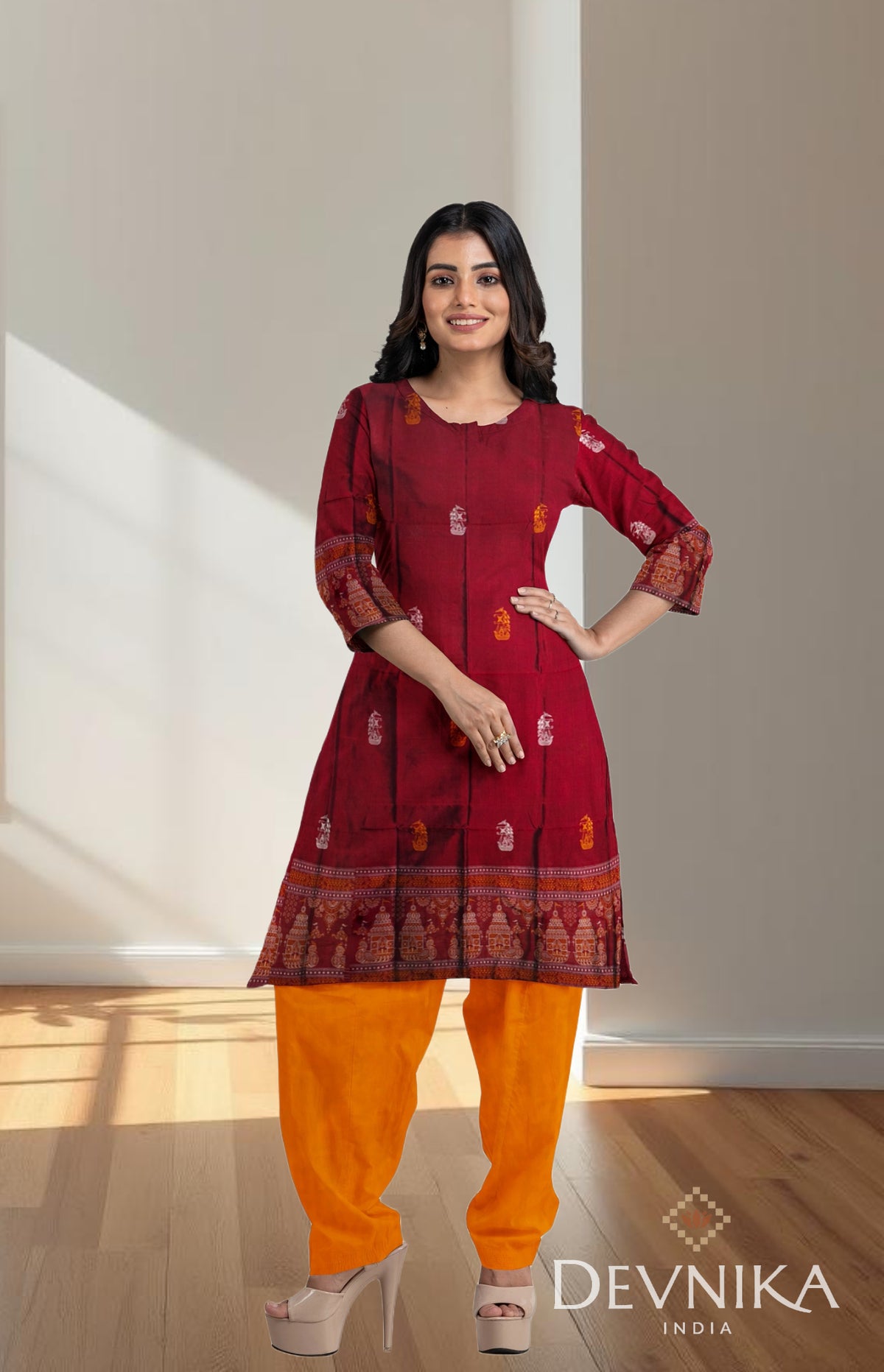 Deep Maroon With Yellow Color Pant & Chunri Bomkai Dress Set