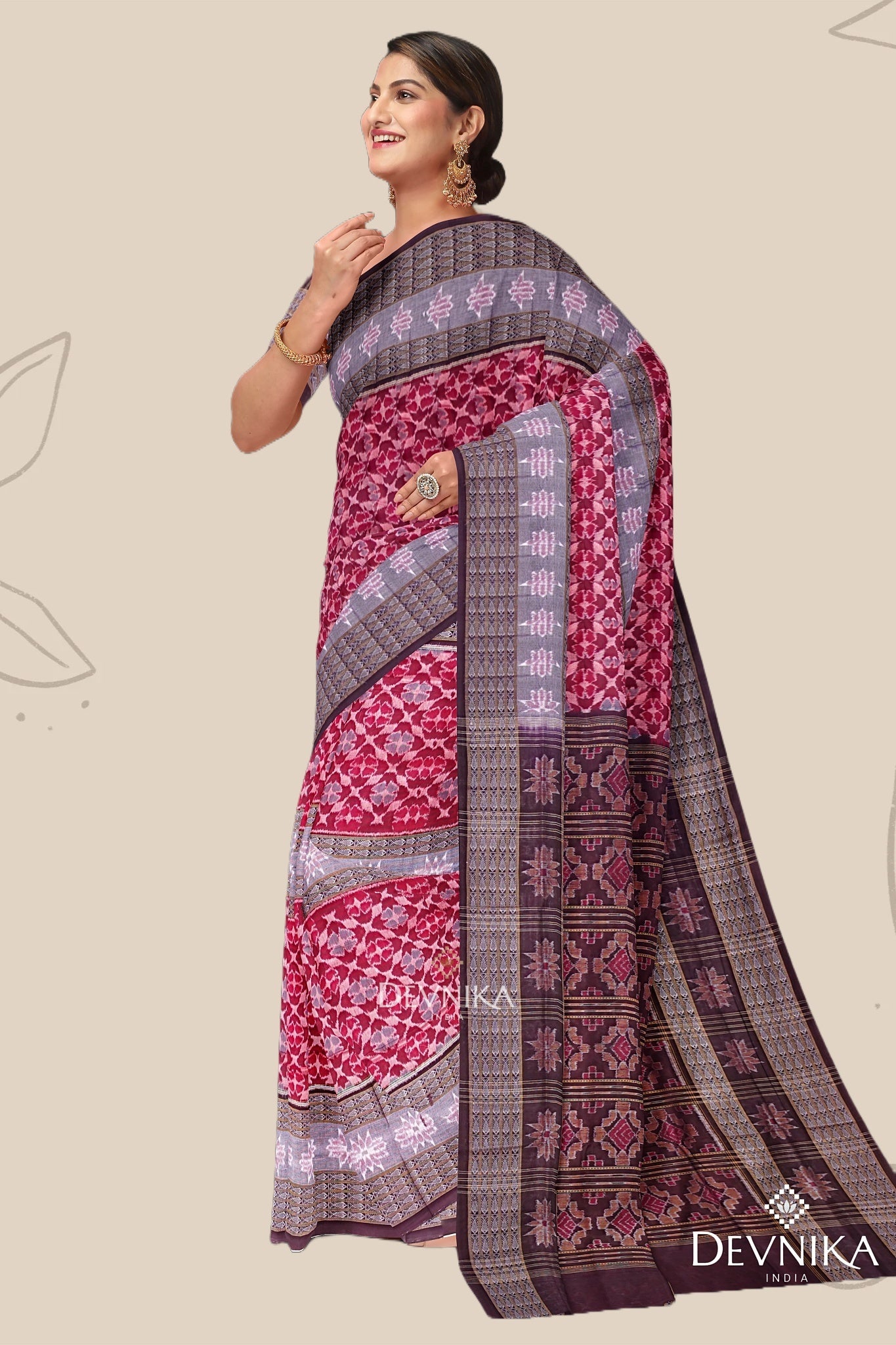 Red, Green And Maroon Double Border Bandha Handloom Cotton Saree | Odisha Handloom | Devnika