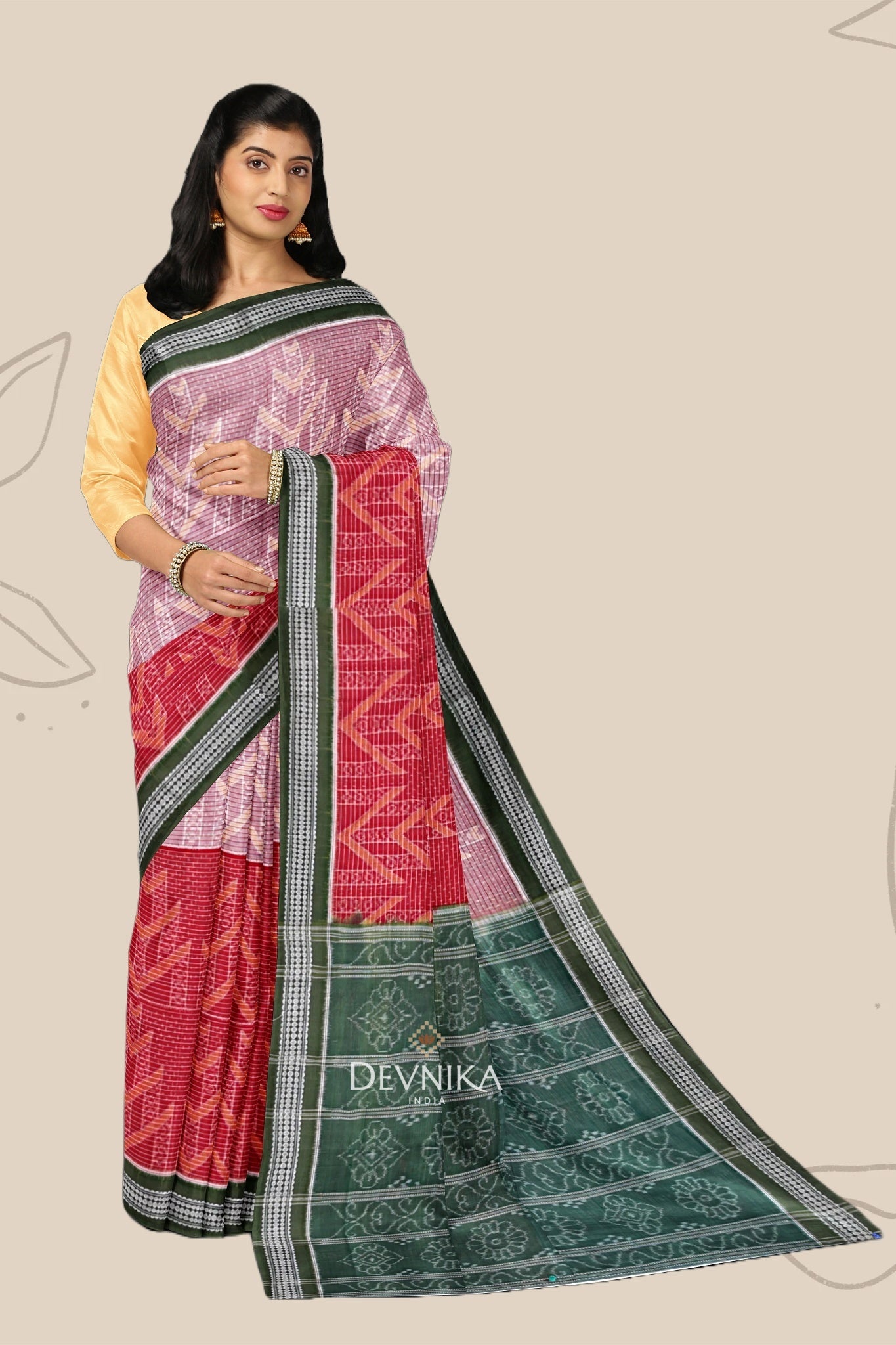 Red And White With Olive Green Body Bandha Handloom Cotton Saree | Odisha Handloom | Devnika