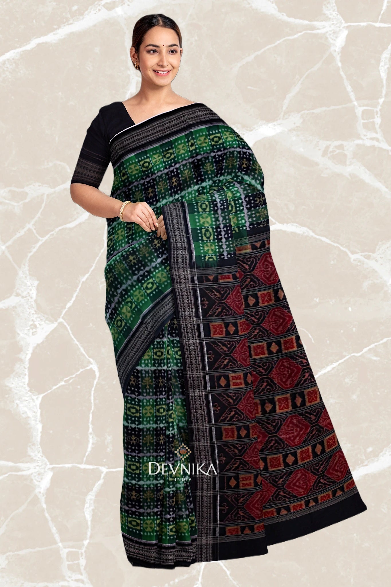 Green Golden Teracota Bandha Handloom Cotton Saree | Odisha Handloom | Devnika