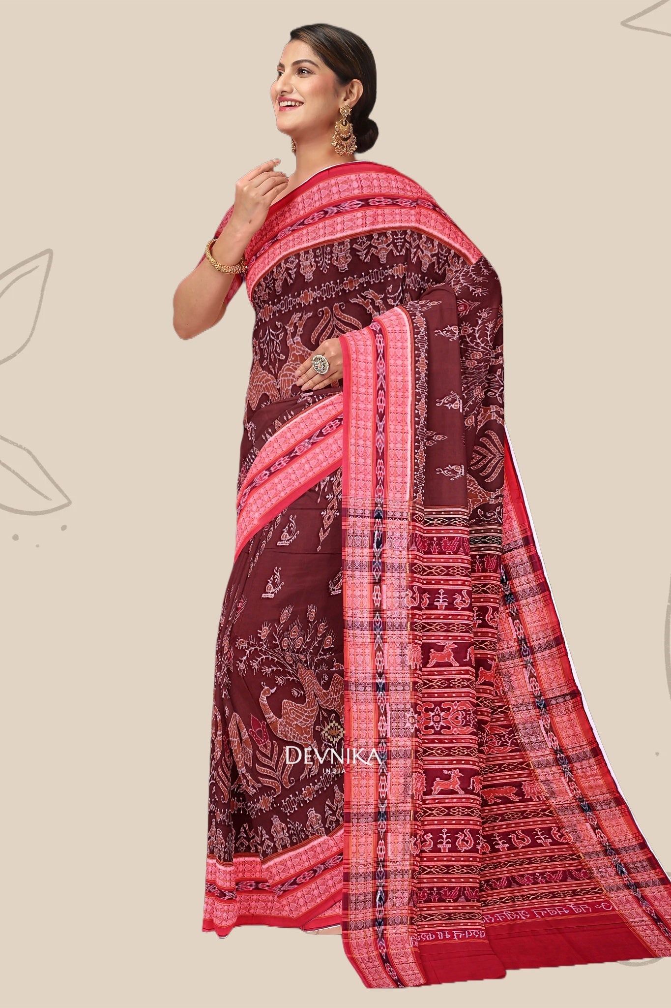 Deep Brown Peacock Bandha Handloom Cotton Saree | Odisha Handloom | Devnika