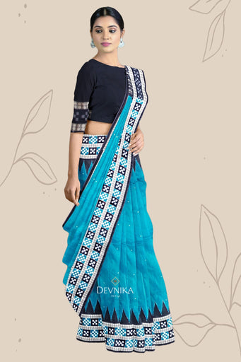 Dark Teal  Border Pasapalli Buti Bomkai Saree