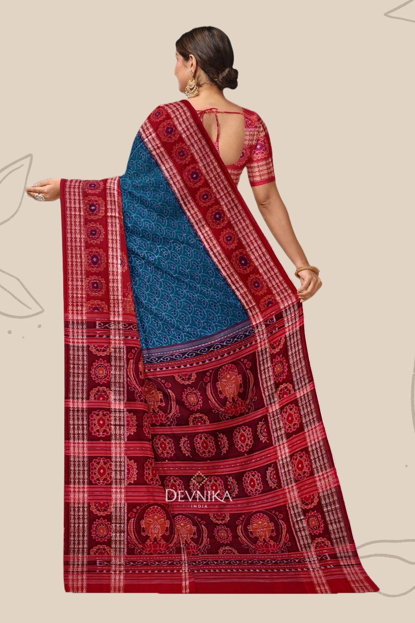 Teal Green Namaskar Bandha Handloom Cotton Saree | Odisha Handloom | Devnika