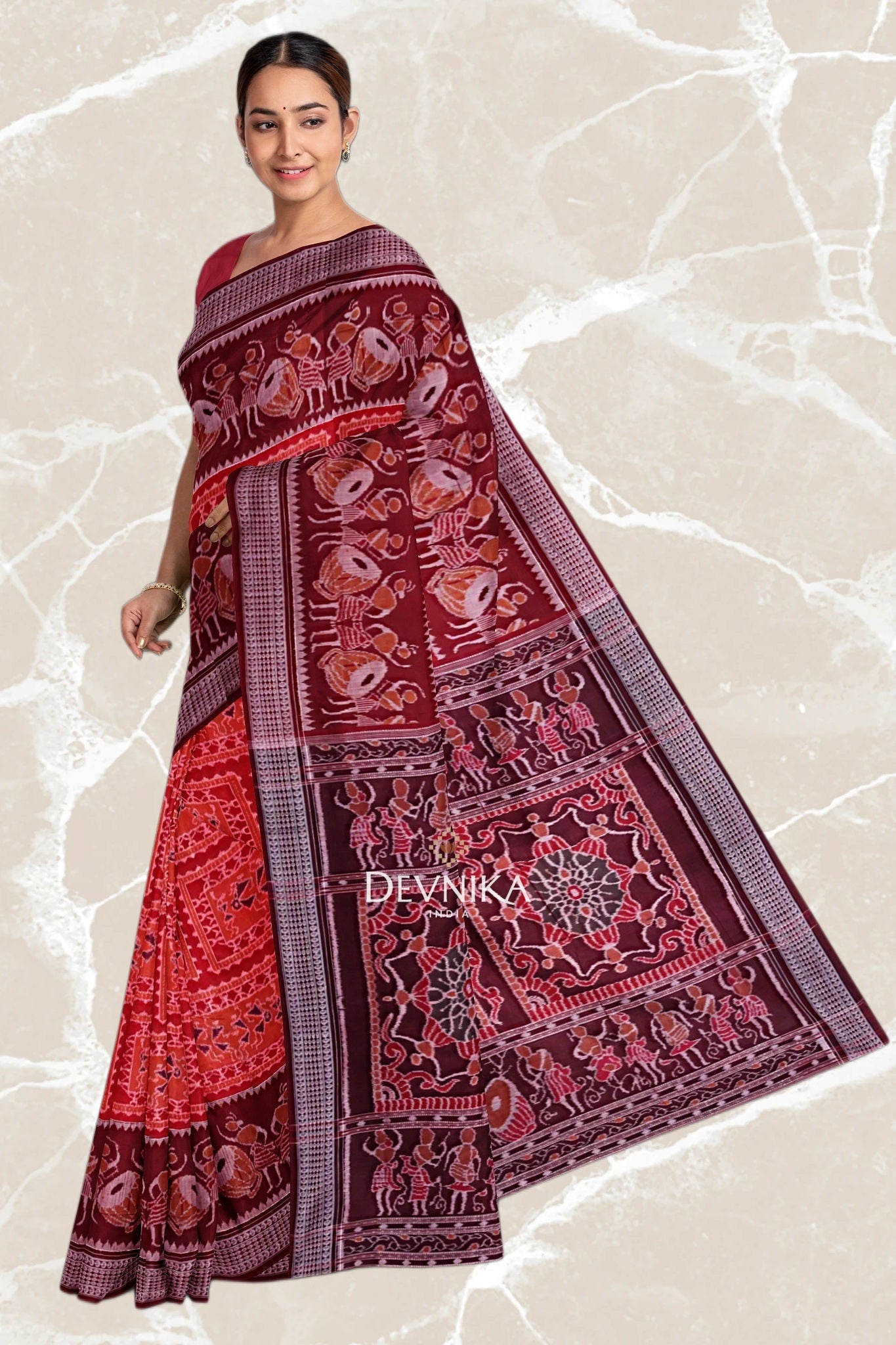 Dark Red Teracota Bandha Handloom Cotton Saree | Odisha Handloom | Devnika