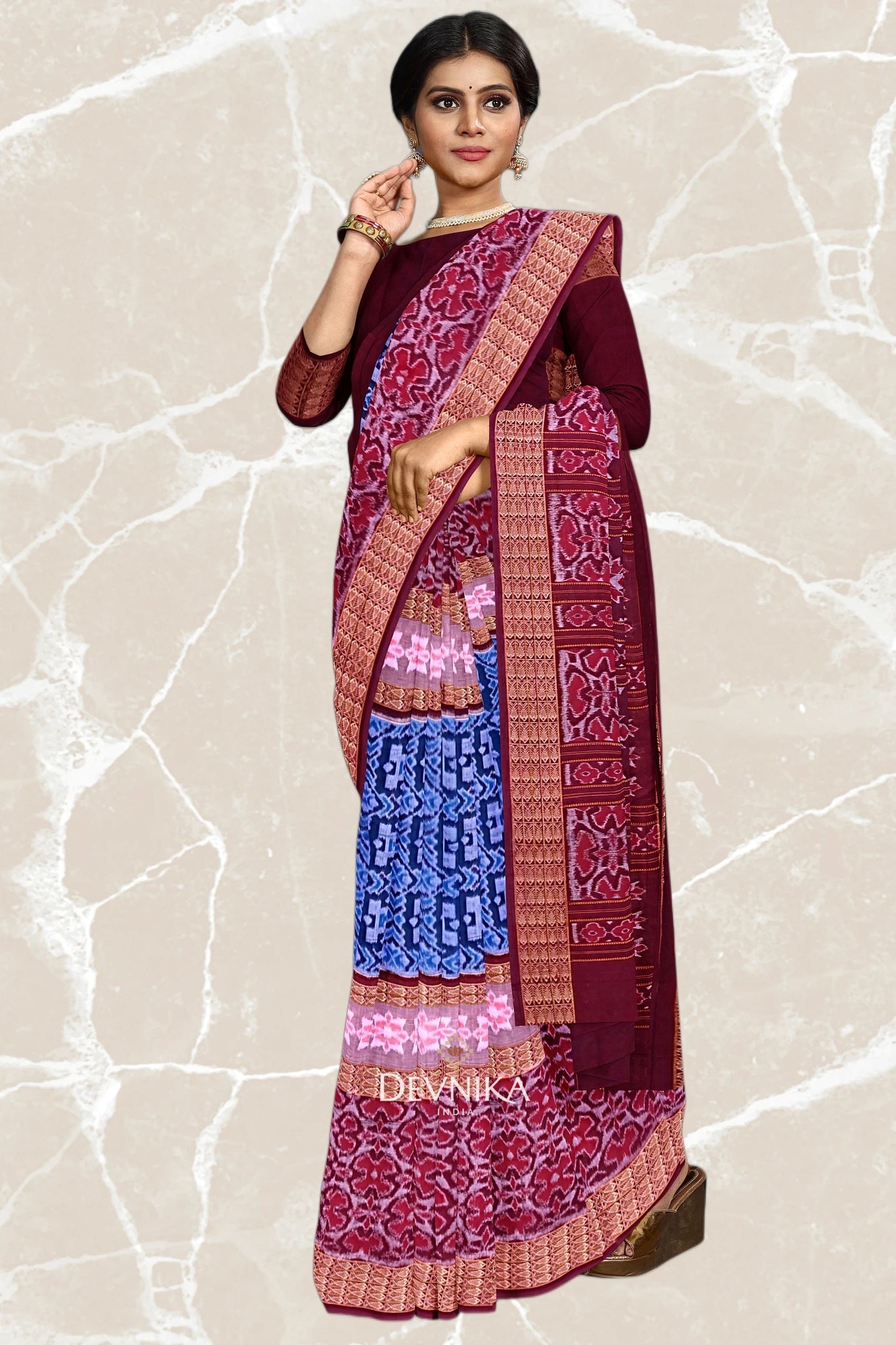 Blue Double Border Bandha Handloom Cotton Saree | Odisha Handloom | Devnika