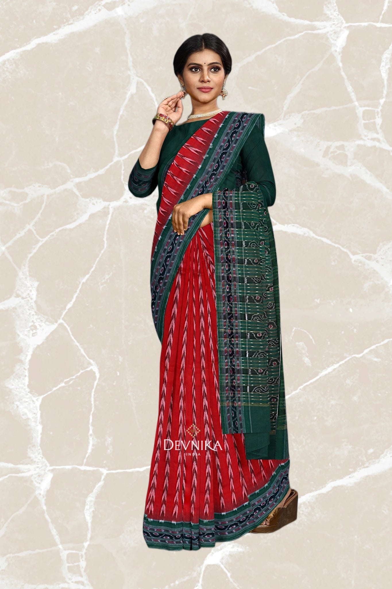 Deep Red Green Khajuri Pati Bandha Handloom Cotton Saree | Odisha Handloom | Devnika