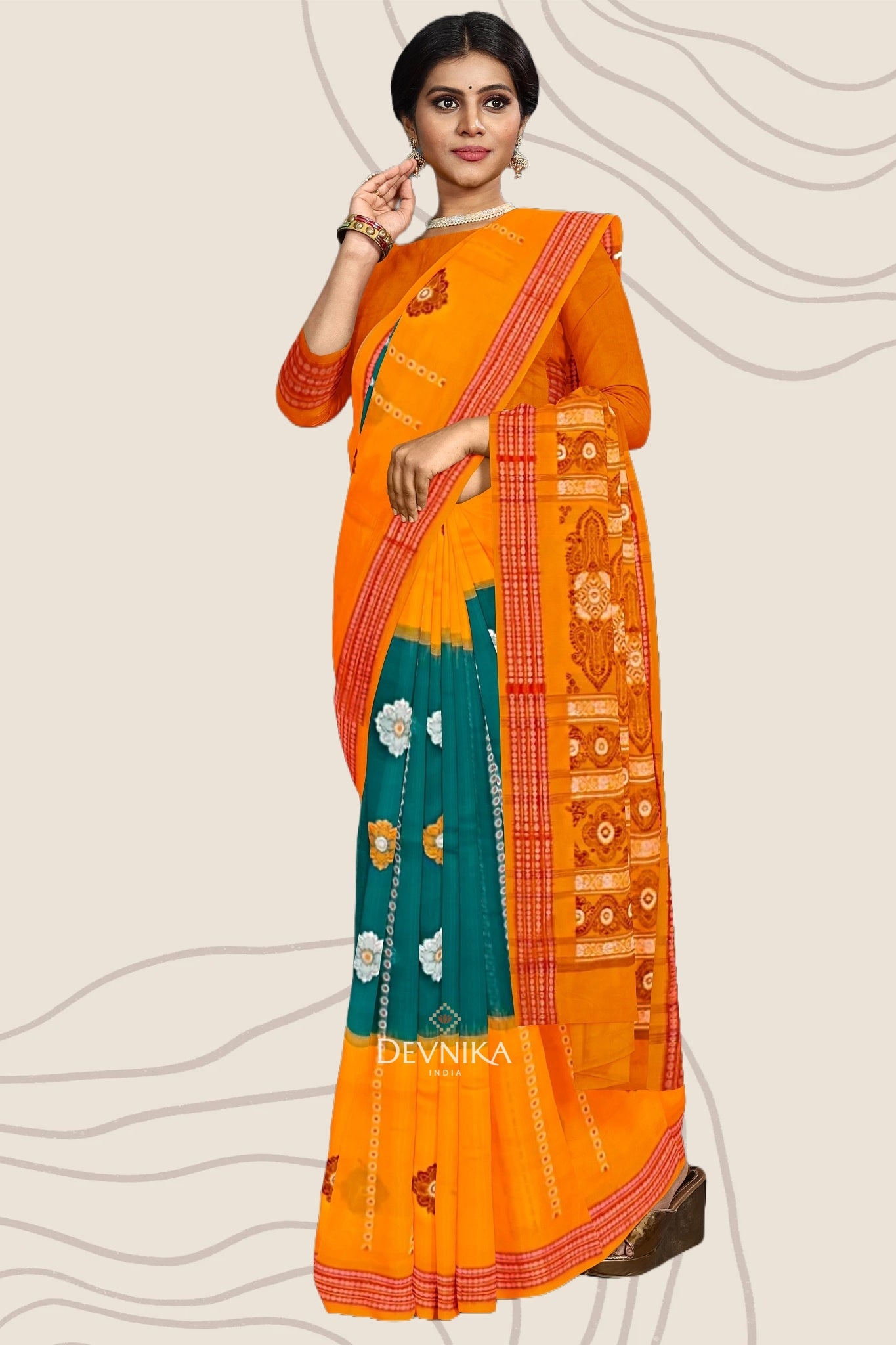 Leaf Green Bomkai Handloom Cotton Saree | Odisha Handloom | Devnika