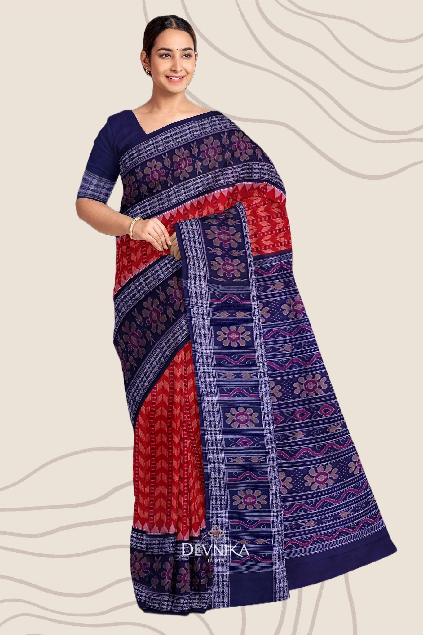 Deep Red Blue Khajuri Pati Bandha Handloom Cotton Saree | Odisha Handloom | Devnika