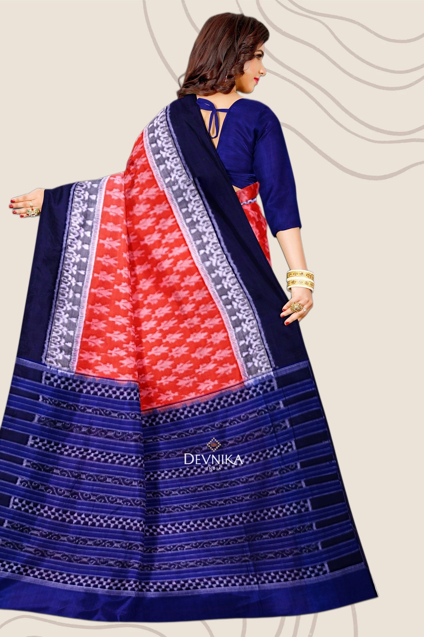 Orange Double Border Bandha Handloom Cotton Saree | Odisha Handloom | Devnika
