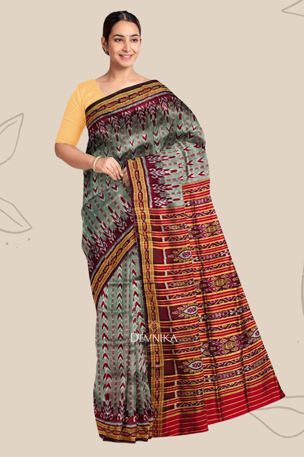 Grey Dhanapatri Khandua Pata Saree | Odisha Handloom | Devnika