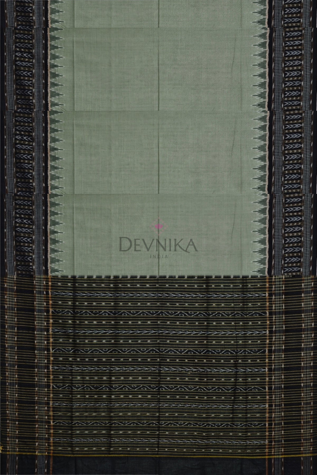 Pista Green Temple Border Bandha Saree | Odisha Handloom GI Tagged | Devnika