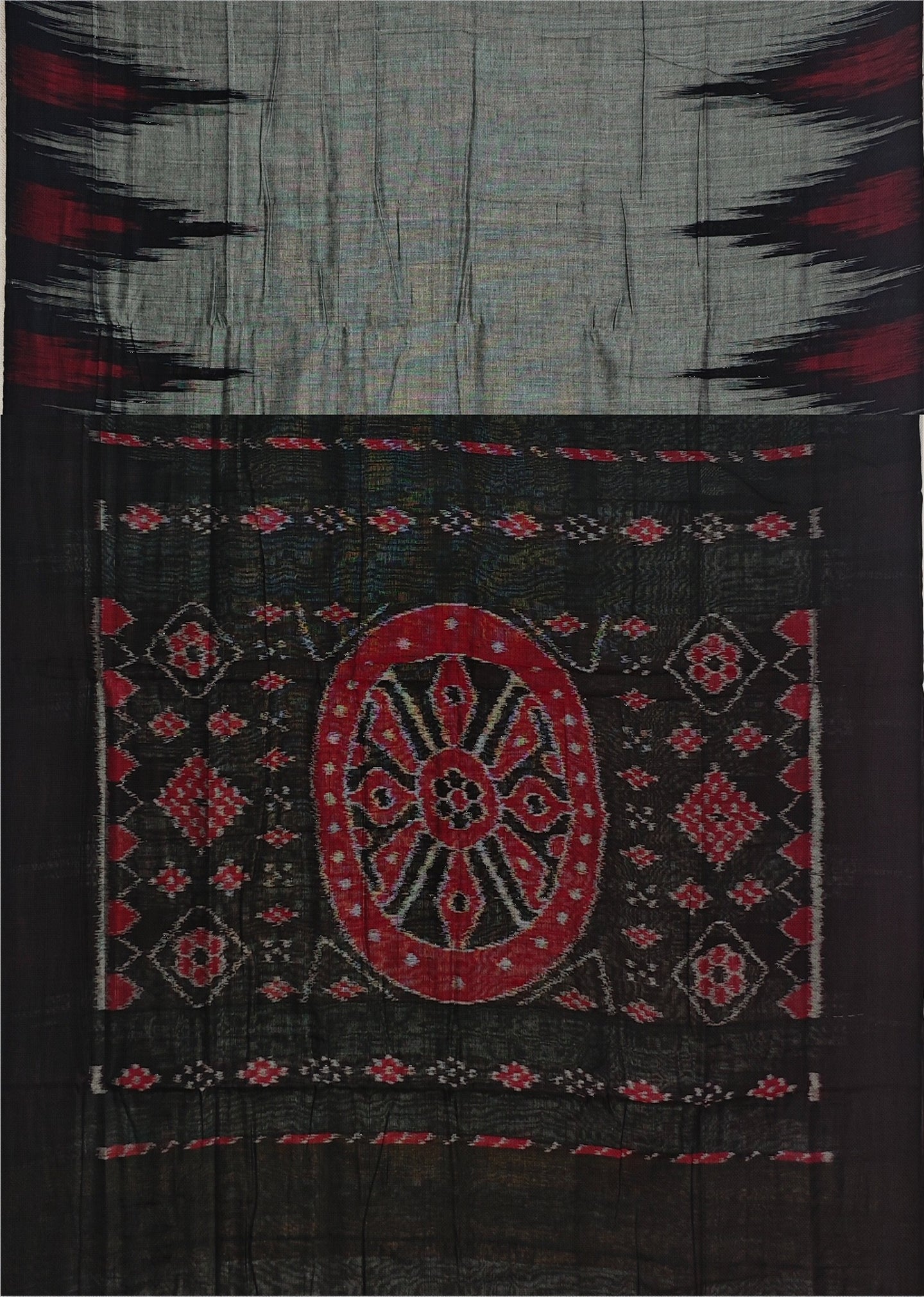 Grey Mania Bandha Traditional Temple Border Katiki Saree | Odisha Handloom GI Tagged | Devnika