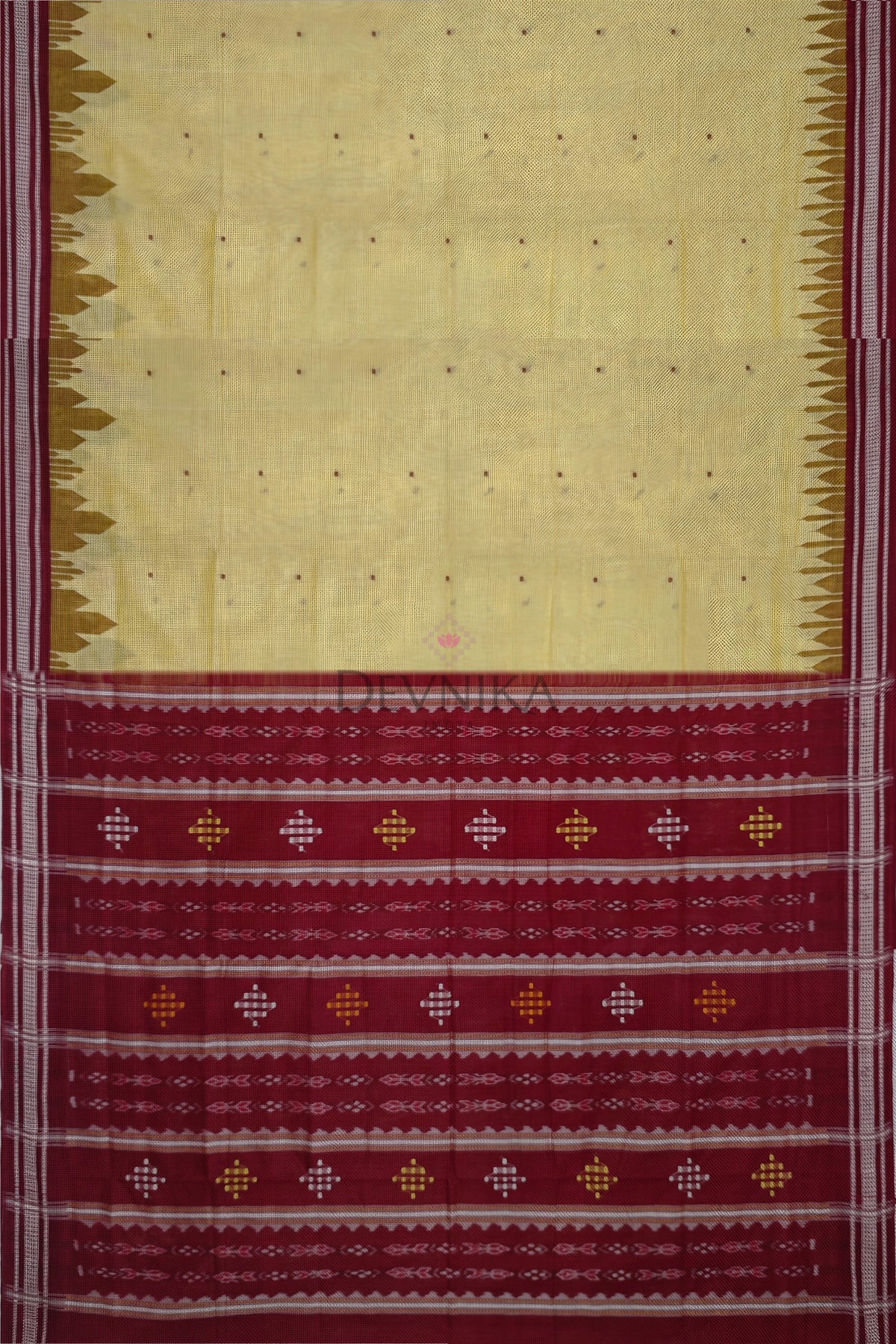 Cream Yellow Temple Boarder Cotton Bapta Saree | Odisha Handloom GI Tagged | Devnika