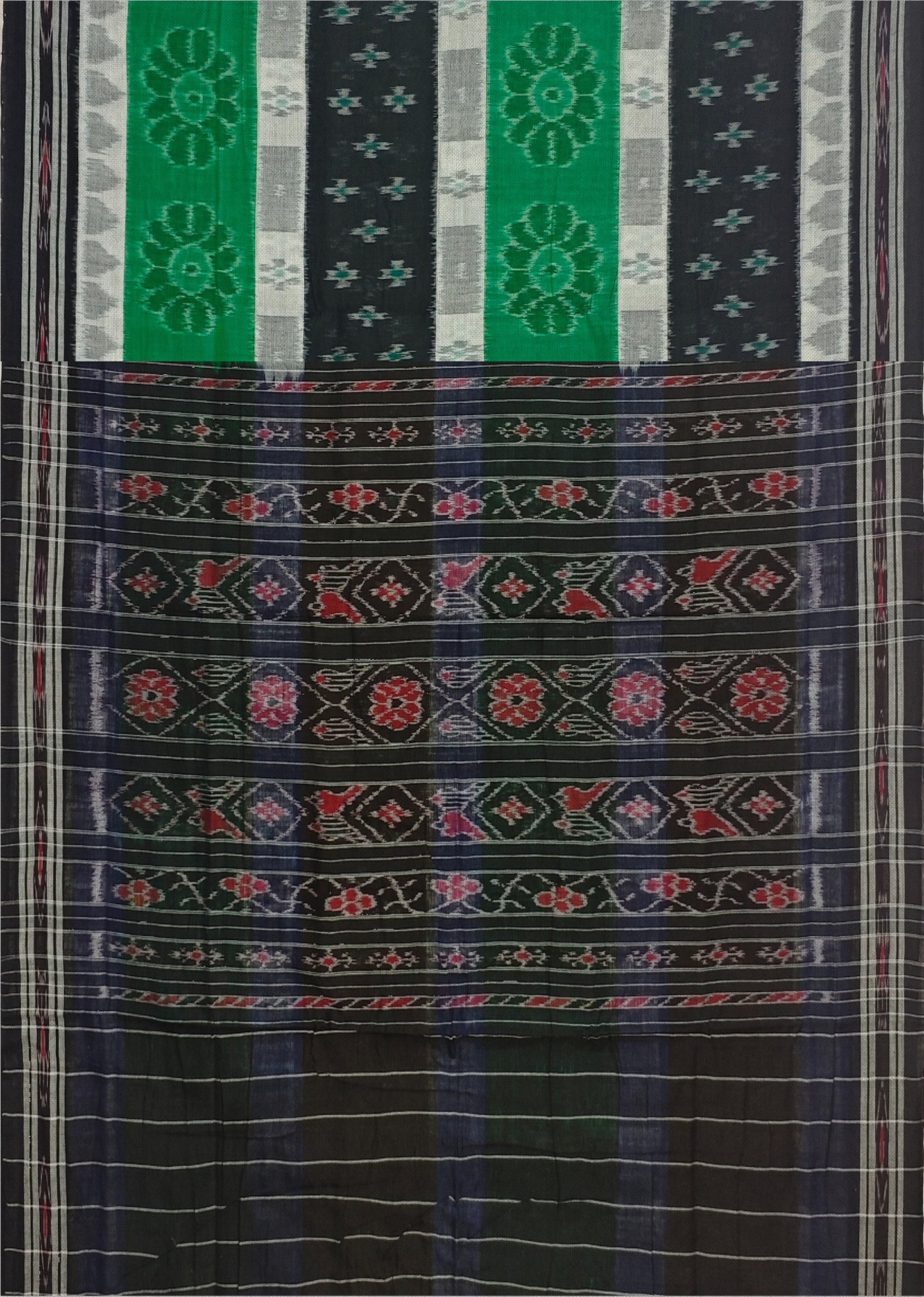Black Green And White Mania Bandha Traditional Katiki Saree | Odisha Handloom GI Tagged | Devnika