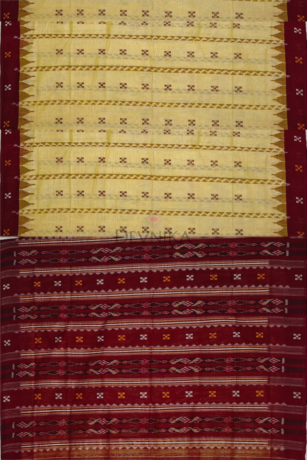 Cream Yellow Boarder Pasapalli Cotton Bapta Saree | Odisha Handloom GI Tagged | Devnika