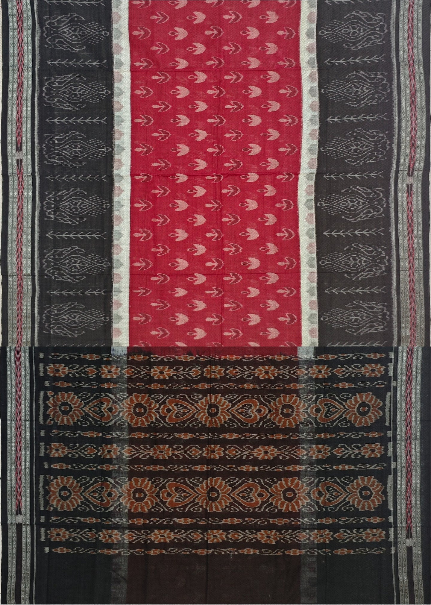 Maroon And White Mania Bandha Traditional Katiki Saree | Odisha Handloom GI Tagged | Devnika