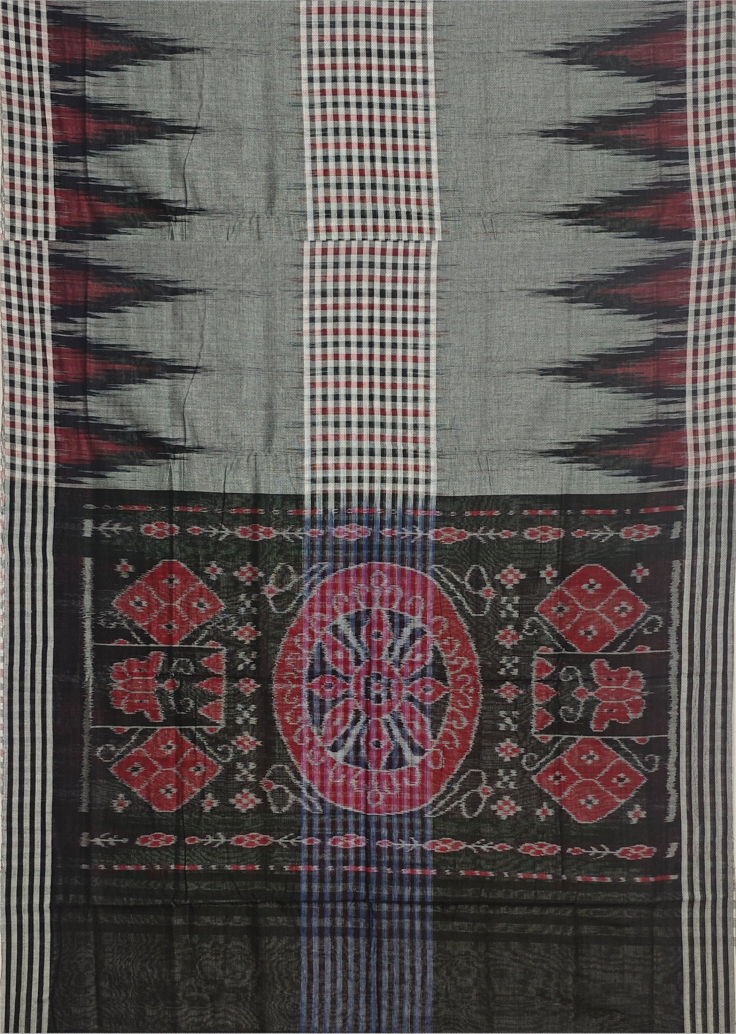 Grey Black Maroon Mania Bandha Traditional Katiki Saree | Odisha Handloom GI Tagged | Devnika
