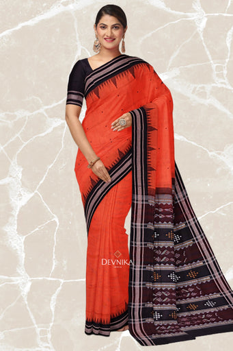 Orange Temple Border Cotton Bapta Saree