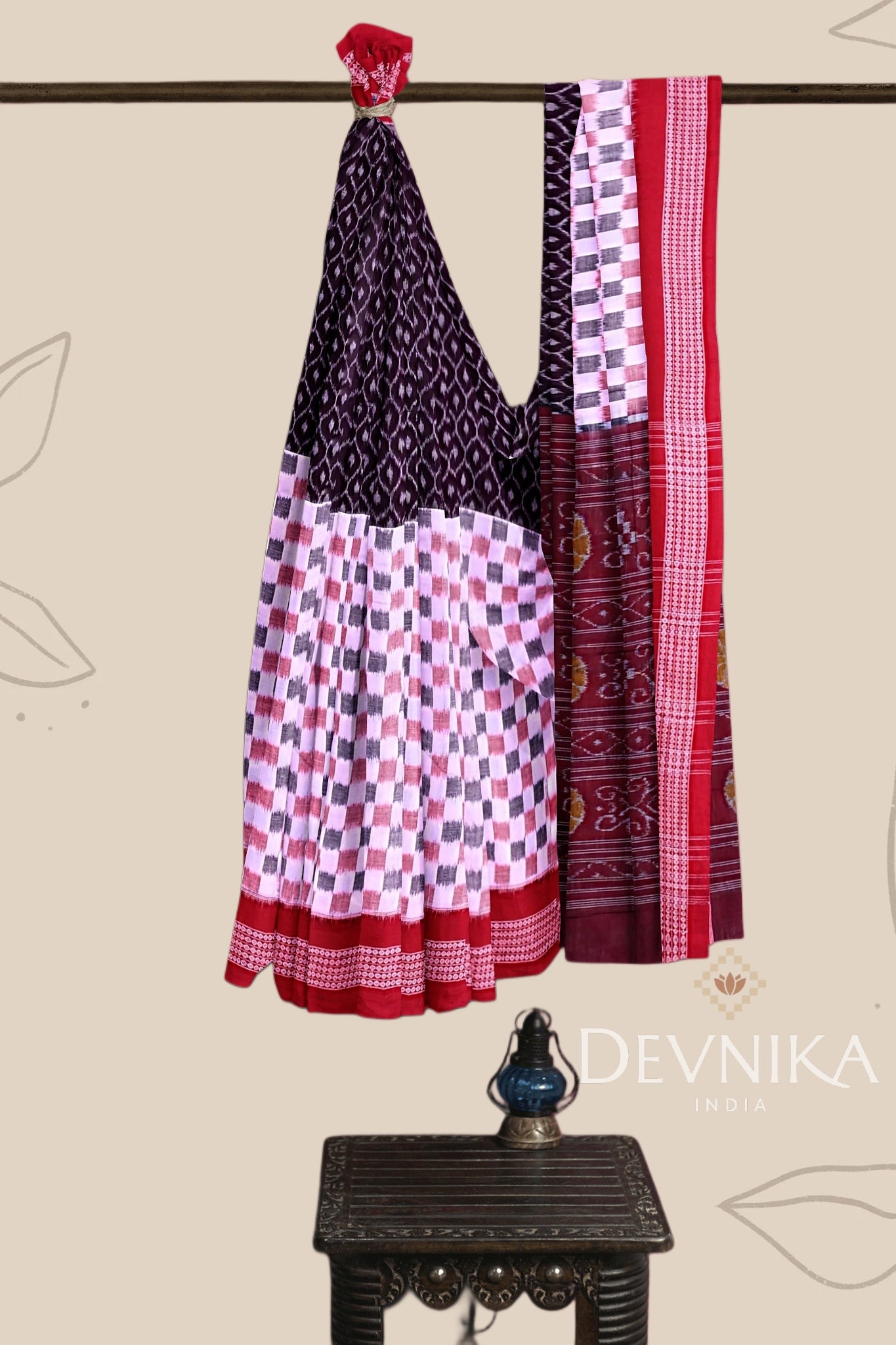 Dark Coffee Half Half Bandha Handloom Cotton Saree | Odisha Handloom | Devnika