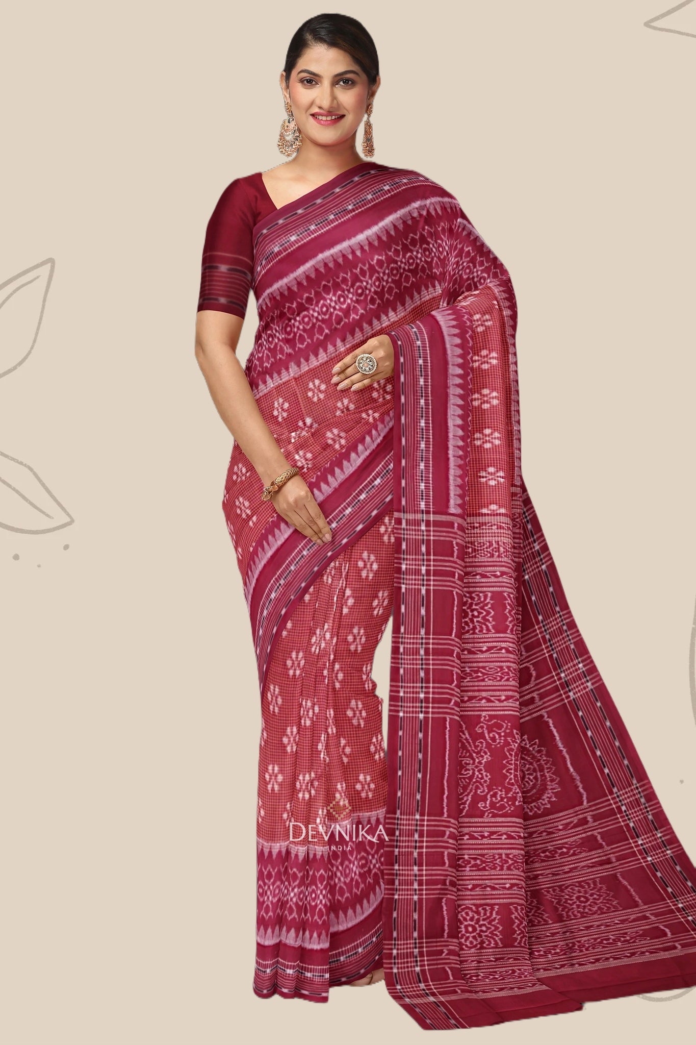 Brown Maroon Body Bandha Handloom Cotton Saree | Odisha Handloom | Devnika