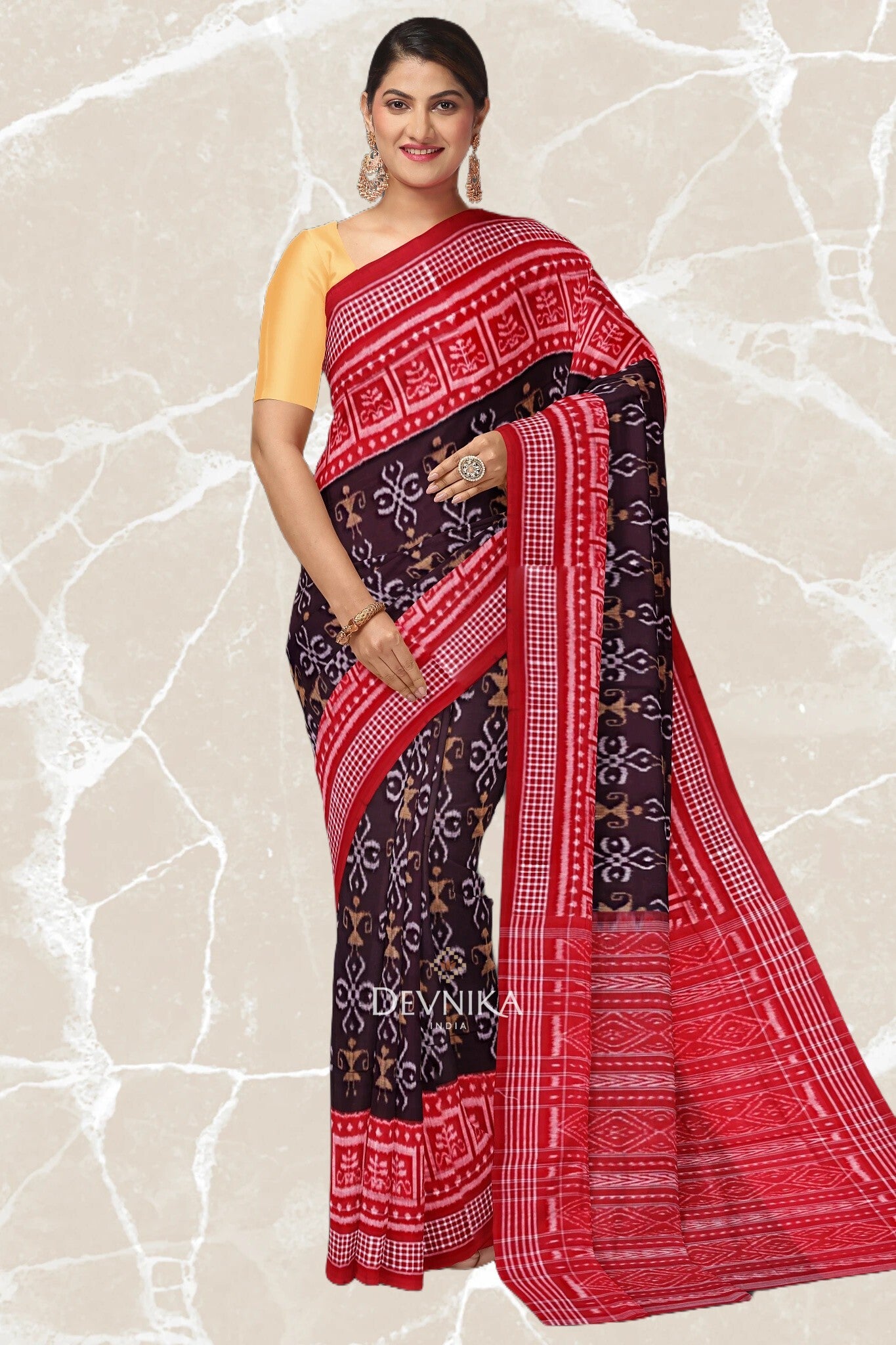 Coffee Body Bandha Handloom Cotton Saree | Odisha Handloom | Devnika