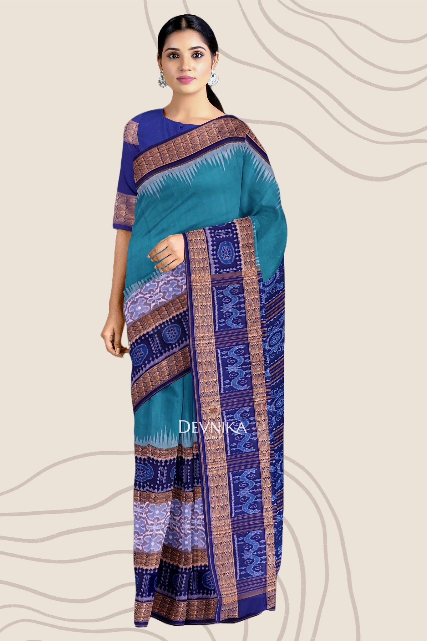 Sea Green Big Border Bandha Handloom Cotton Saree | Odisha Handloom | Devnika