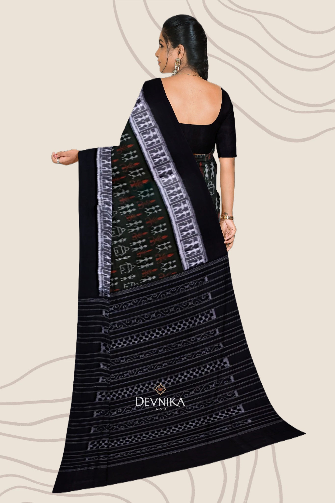 Dark Olive Green Teracota Bandha Handloom Cotton Saree | Odisha Handloom | Devnika