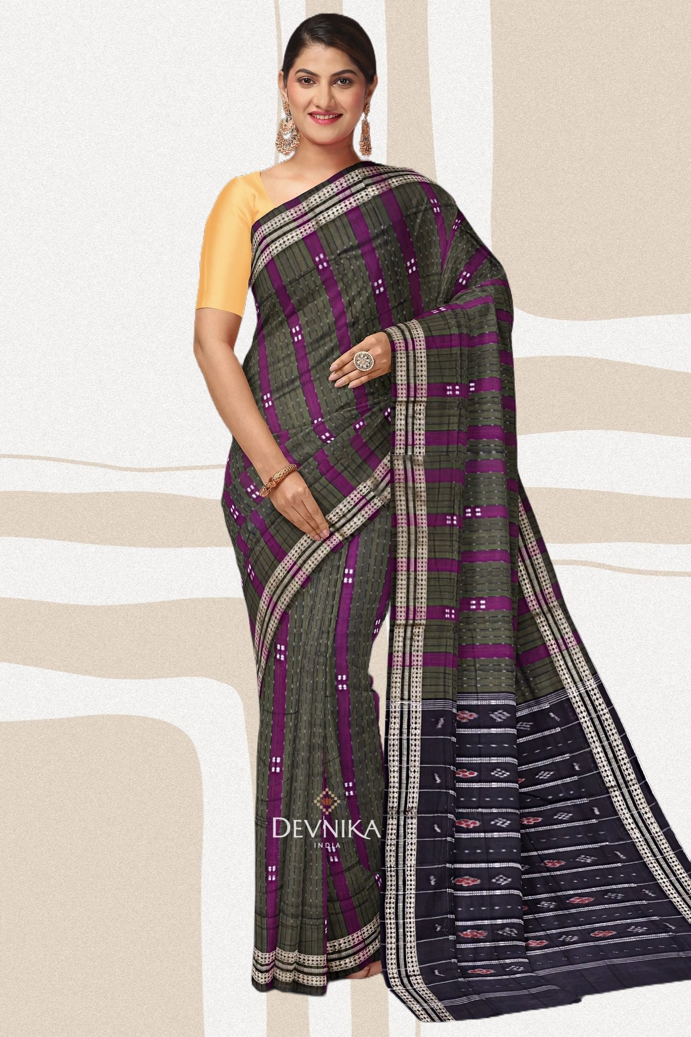 Purple And Dark Olive Bomkai Line Butti Handloom Cotton Saree | Odisha Handloom | Devnika