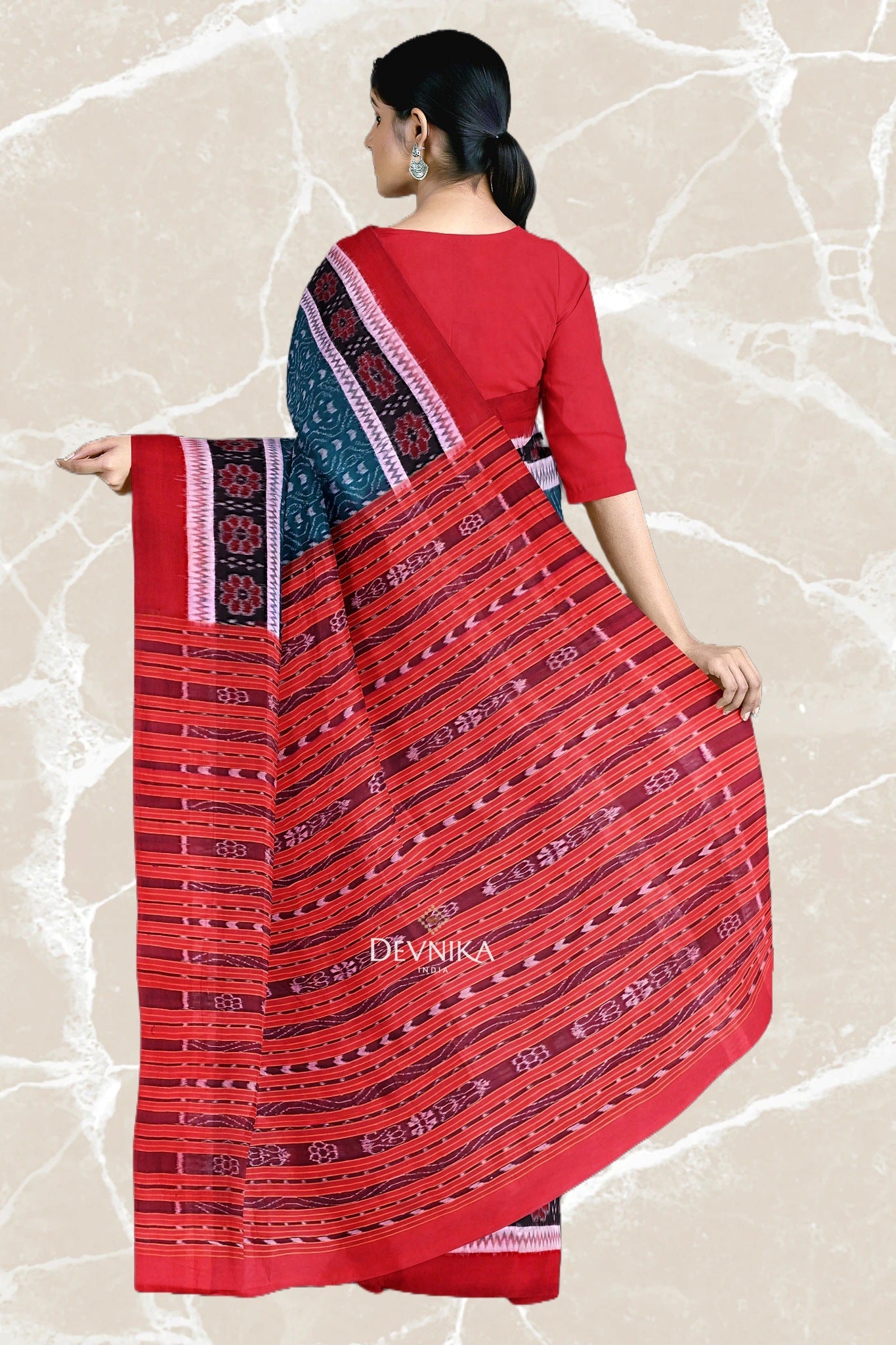 Sea Green Double Border Bandha Handloom Cotton Saree | Odisha Handloom | Devnika