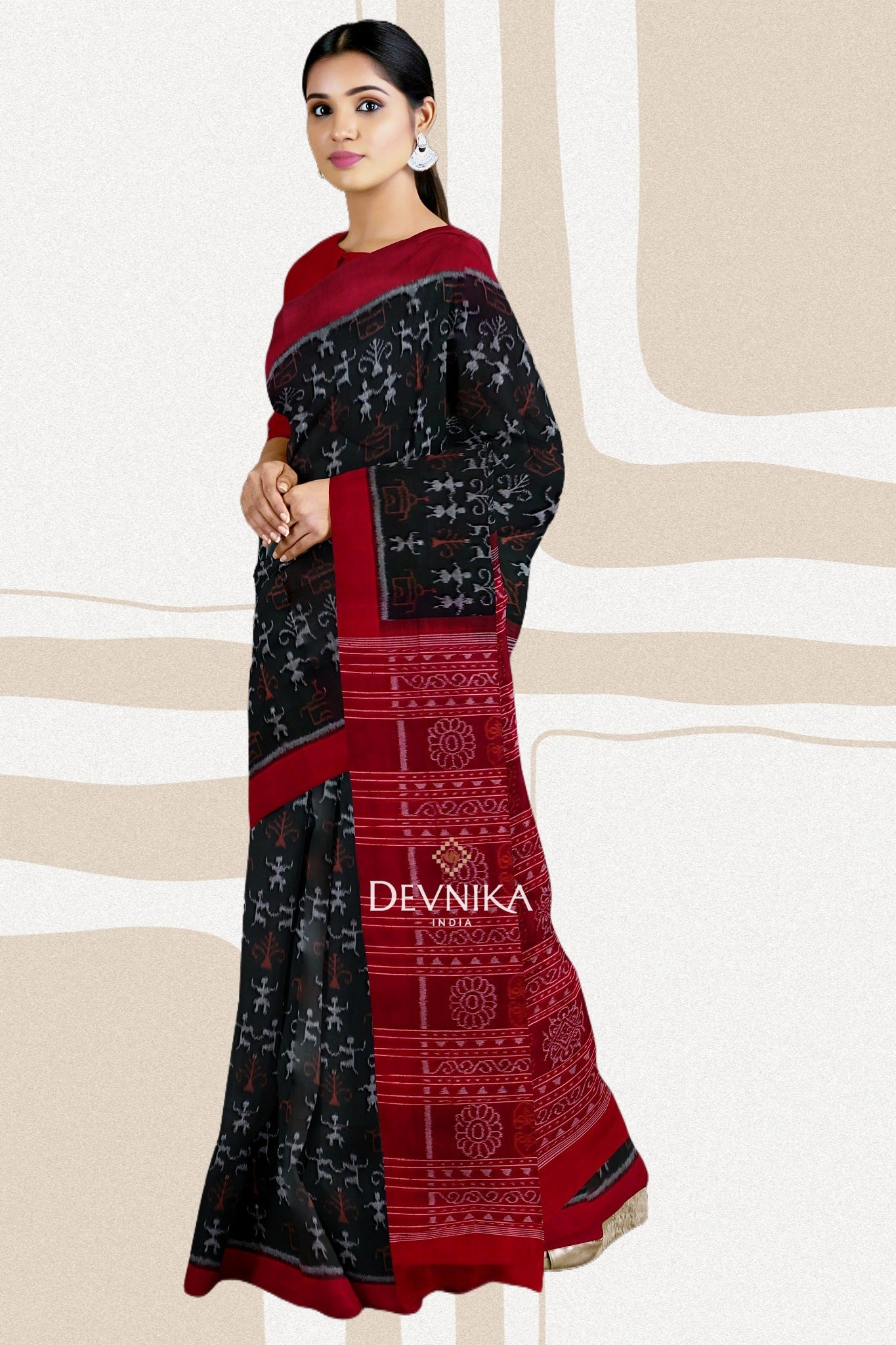 Dark Olive Teracota Bandha Handloom Cotton Saree | Odisha Handloom | Devnika