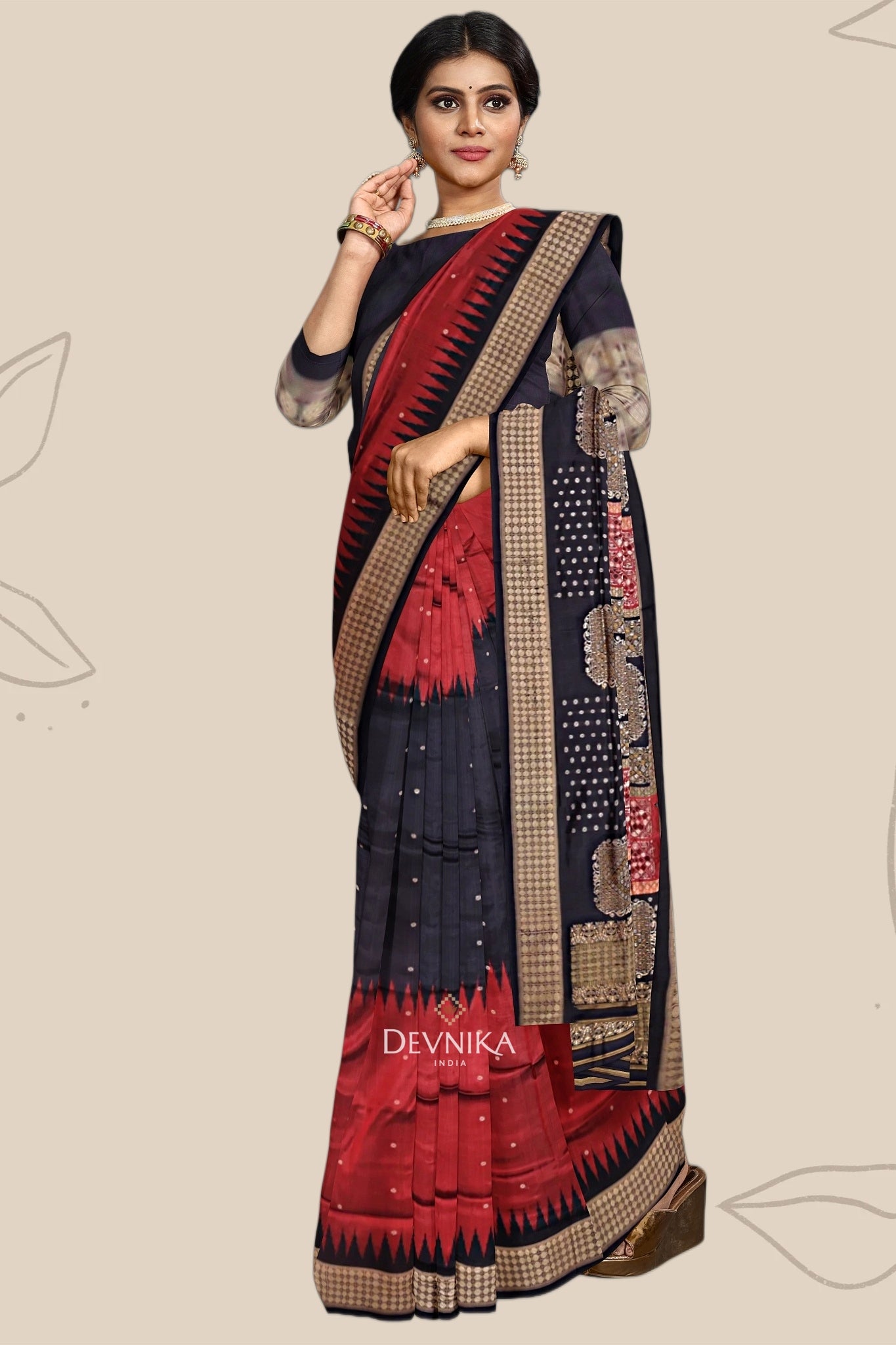 Black and Red Bomkai Butti Sambalapuri Saree