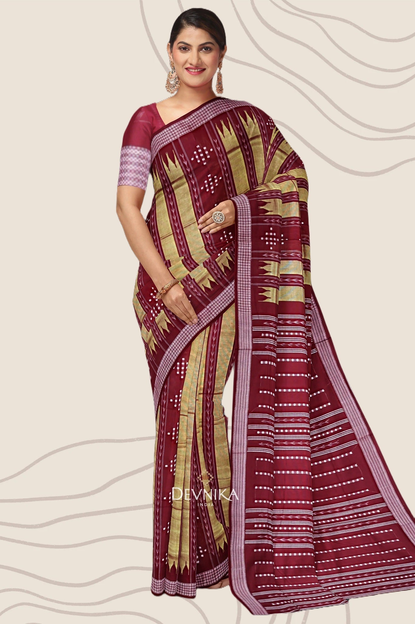 Golden Olive Pata Bapta Saree | Odisha Handloom | Devnika