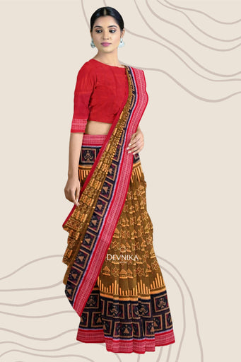 Golden Brown Big Border Bandha Handloom Cotton Saree | Odisha Handloom | Devnika